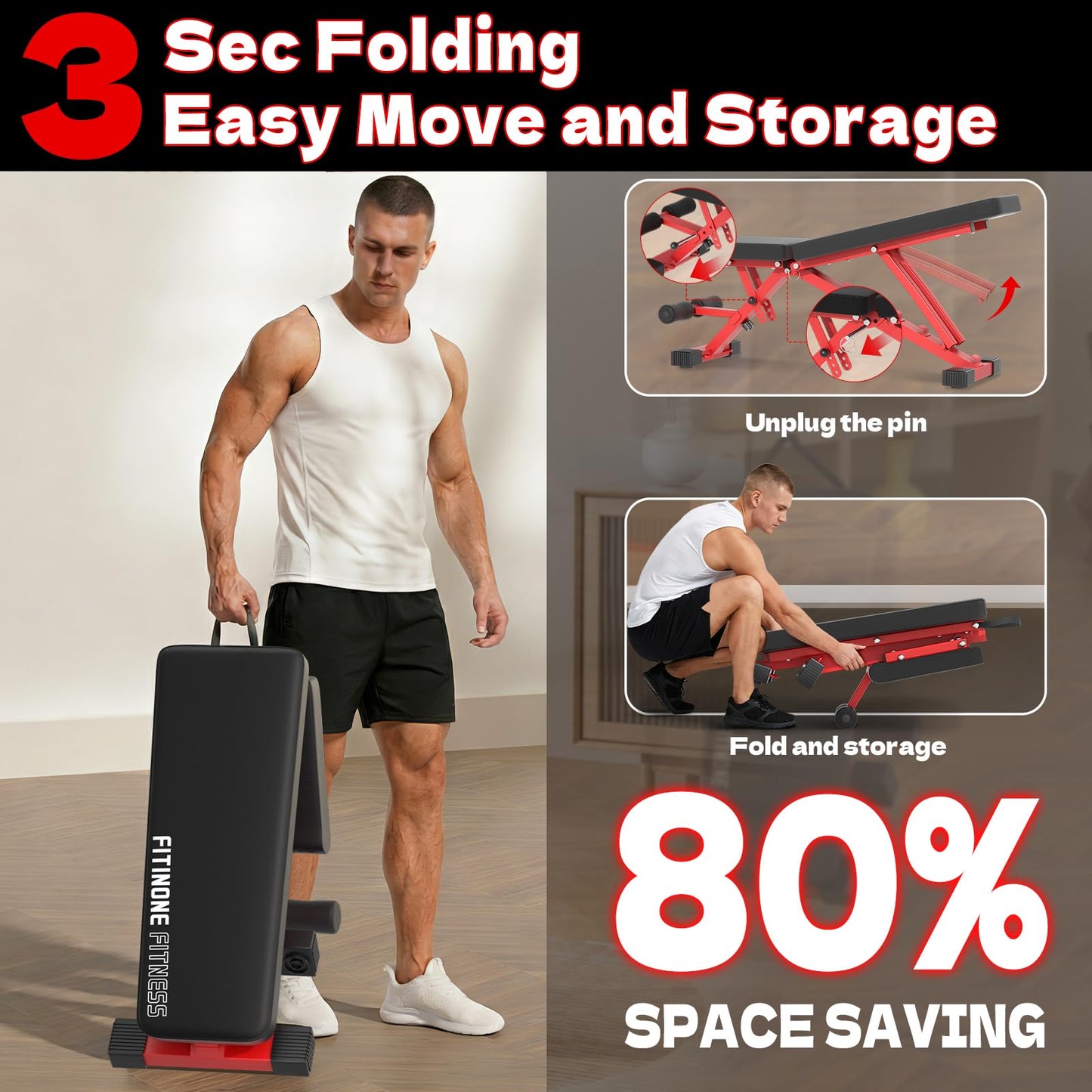 FitinOne Adjustable Weight Bench, 800LBS Foldable Workout Bench for Home Gym, Incline Decline Flat Bench Press with Quick Folding & Fast Adjustment