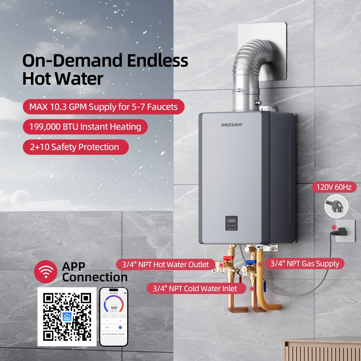 MIZUDO Tankless Water Heater Propane, 199,000 BTU, Indoor Installation, Max 10.3 GPM, WiFi&APP Control, CSA Certified Non Condensing, High Efficiency for Large Families Residential Whole House