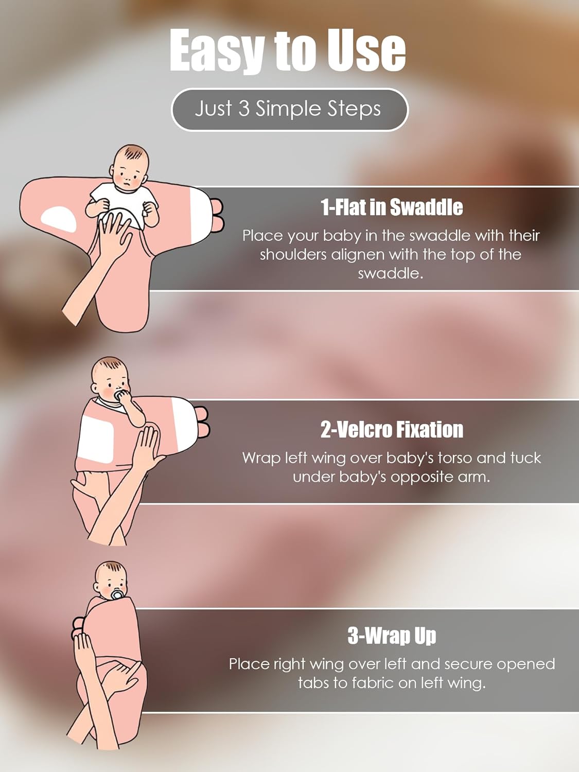 Skiennix Newborn Swaddle Blanket Wrap | Adjustable 100% Cotton Sleep Sack (3-Pack) - Soft & Breathable in Dusty Rose, Pearl & Mauve