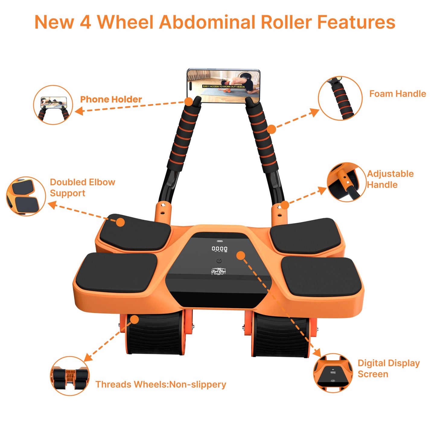 4-Wheel Abdominal Roller with Elbow Support: Latest Upgraded High-Performance Exercise Machine with Automatic Rebound, Multi-Layered Anti-Slip Design with Built-in Workout Tracker, Orange & Black
