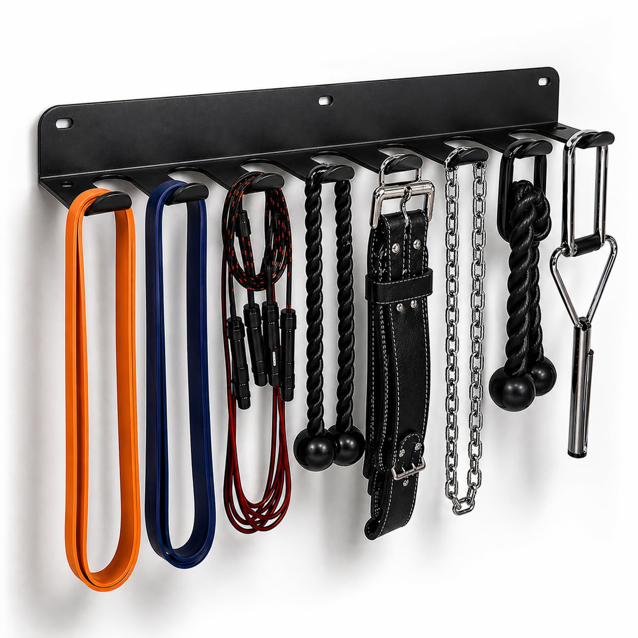 FizLig Gym Equipment Storage Rack - Multi-Purpose Home Gym Organization Storage Wall Mount for Resistance Bands, Jump Ropes, Lifting Belt, Chains, Barbells (16" / 8 Prongs)
