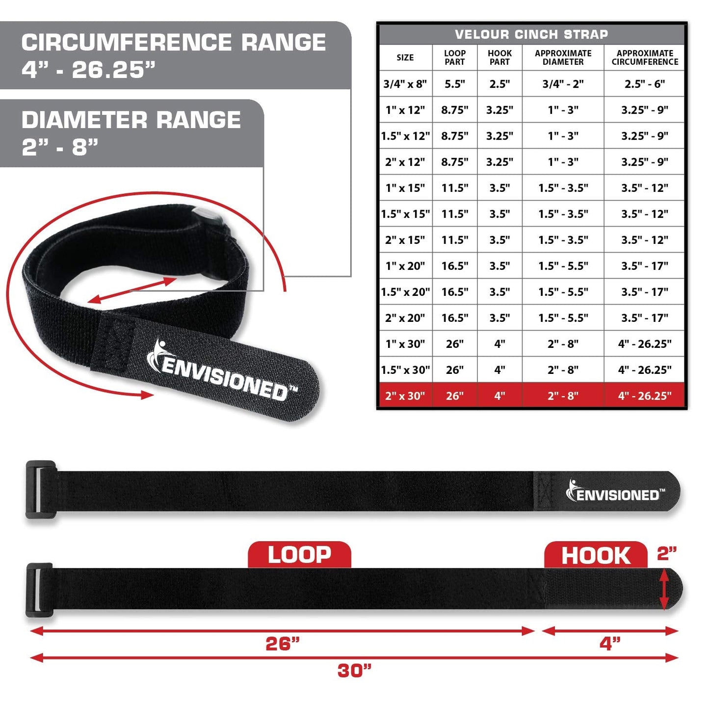 Soft Touch Cinch Straps 2" x 30" - 6 Pack, Velour Microfiber Reusable Hook and Loop Material