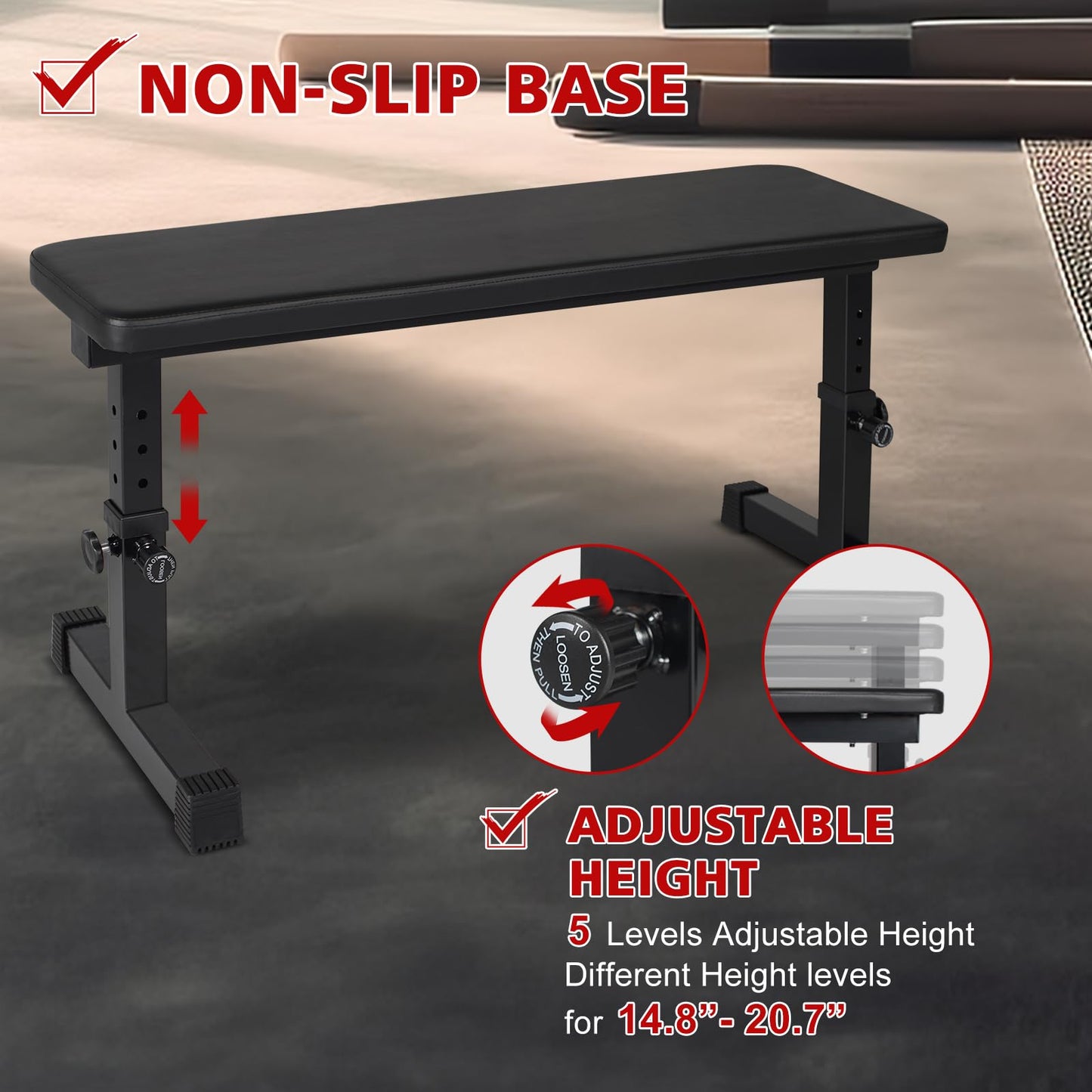 MIUDGIG Flat Weight Bench, Adjustable Height Strength Training Bench, Heavy Duty Workout Bench for Home Gym, Multifunctional Exercise Bench Press for Full Body Exercises & Fitness, Home/Gym Easy Assembly