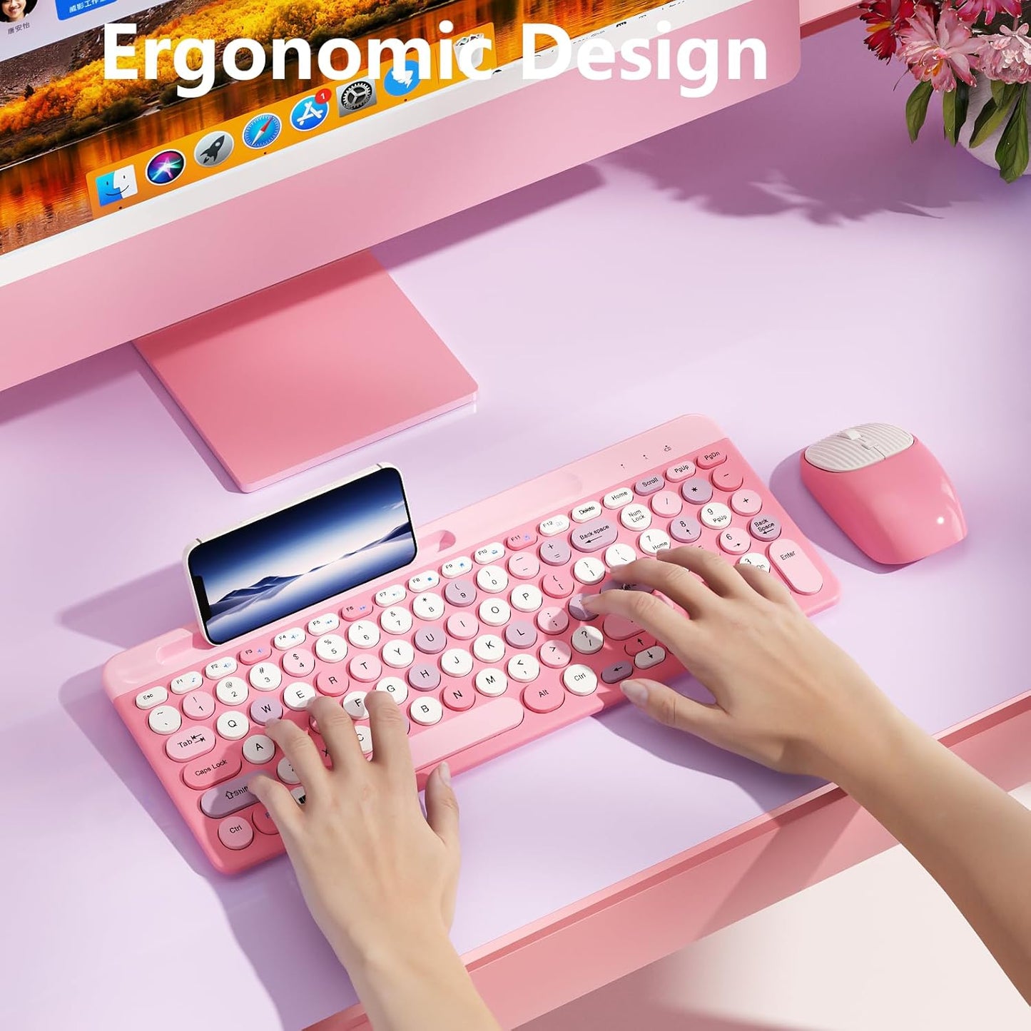 XISOGUU 2.4GHz Retro Wireless Keyboard with Round Keycaps, Full-Size USB Cute Wireless Keyboard Mouse for Computer