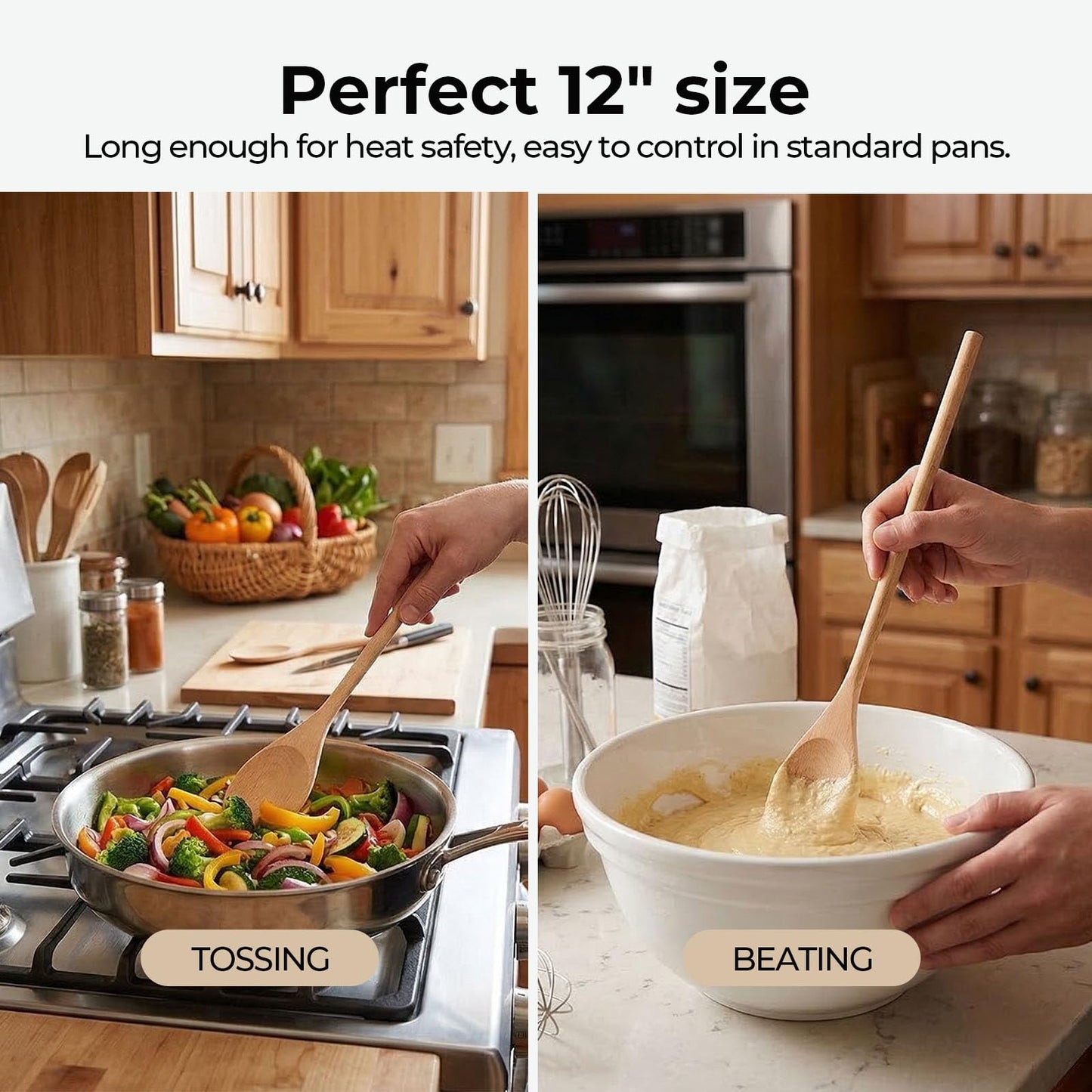 HANSGO 3PCS Wooden Spoons for Cooking, 12 Inch Long Handle Mixing Spoons for Baking, Tasting, Stirring Food, Hot Soups, Large Wooden Utensils for Nonstick Cookwares, Thoughtful Kitchen Gifts