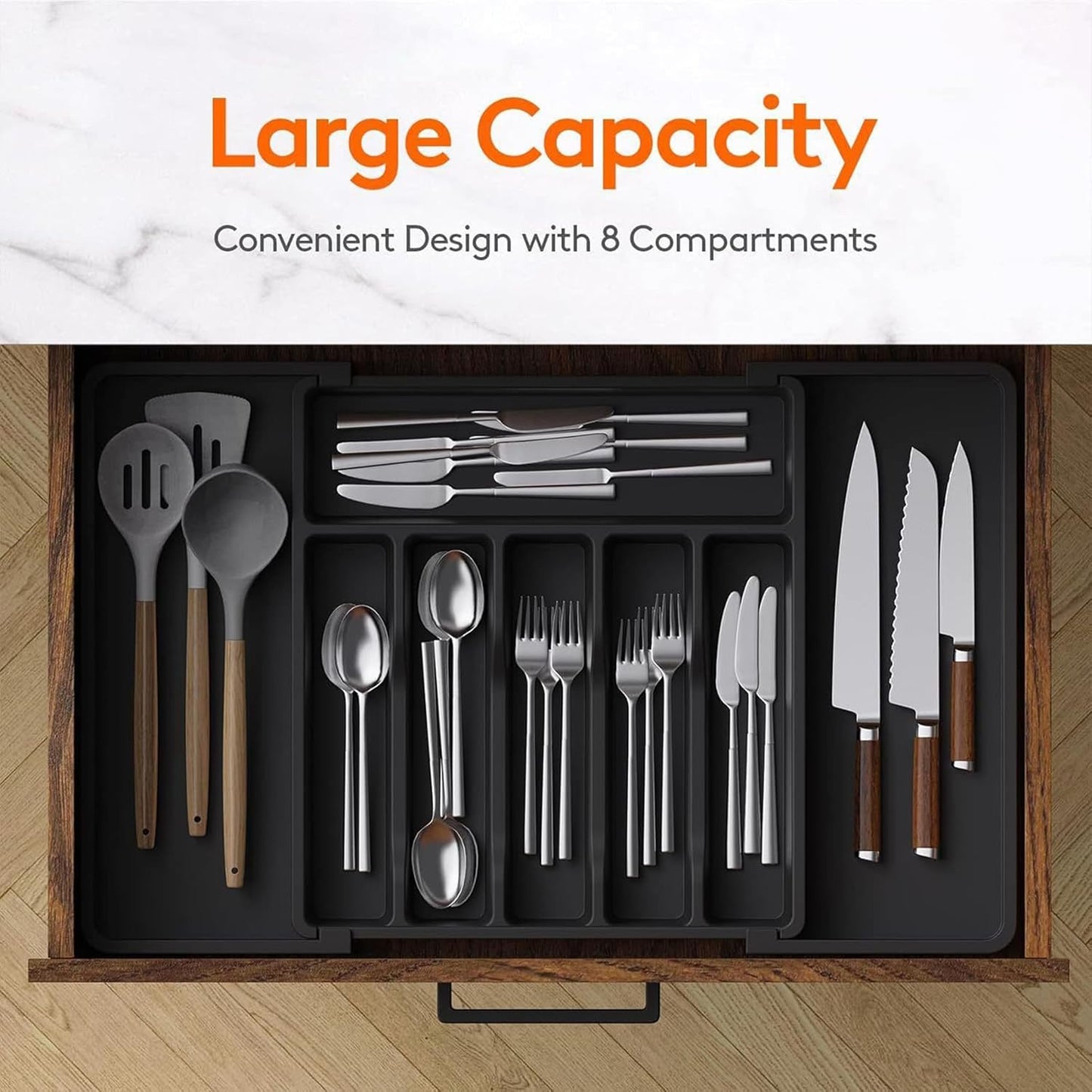 Skiennix Large Expandable Silverware Organizer - BPA-Free Plastic Utensil Tray for Kitchen Drawers | Adjustable Cutlery Holder