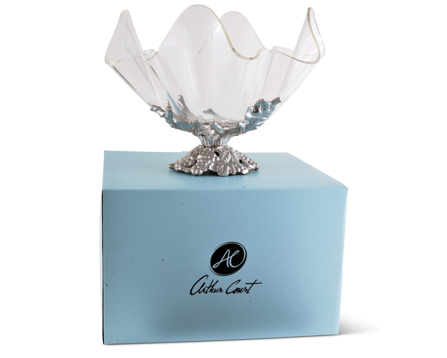 Arthur Court Acrylic Bowl Grapevine Stand Pattern Sand Casted in Aluminum with Artisan Quality Hand Polished Tarnish Free Stand Lightweight Serving Bowl Diameter: 11 inch Tall: 9.25 inch