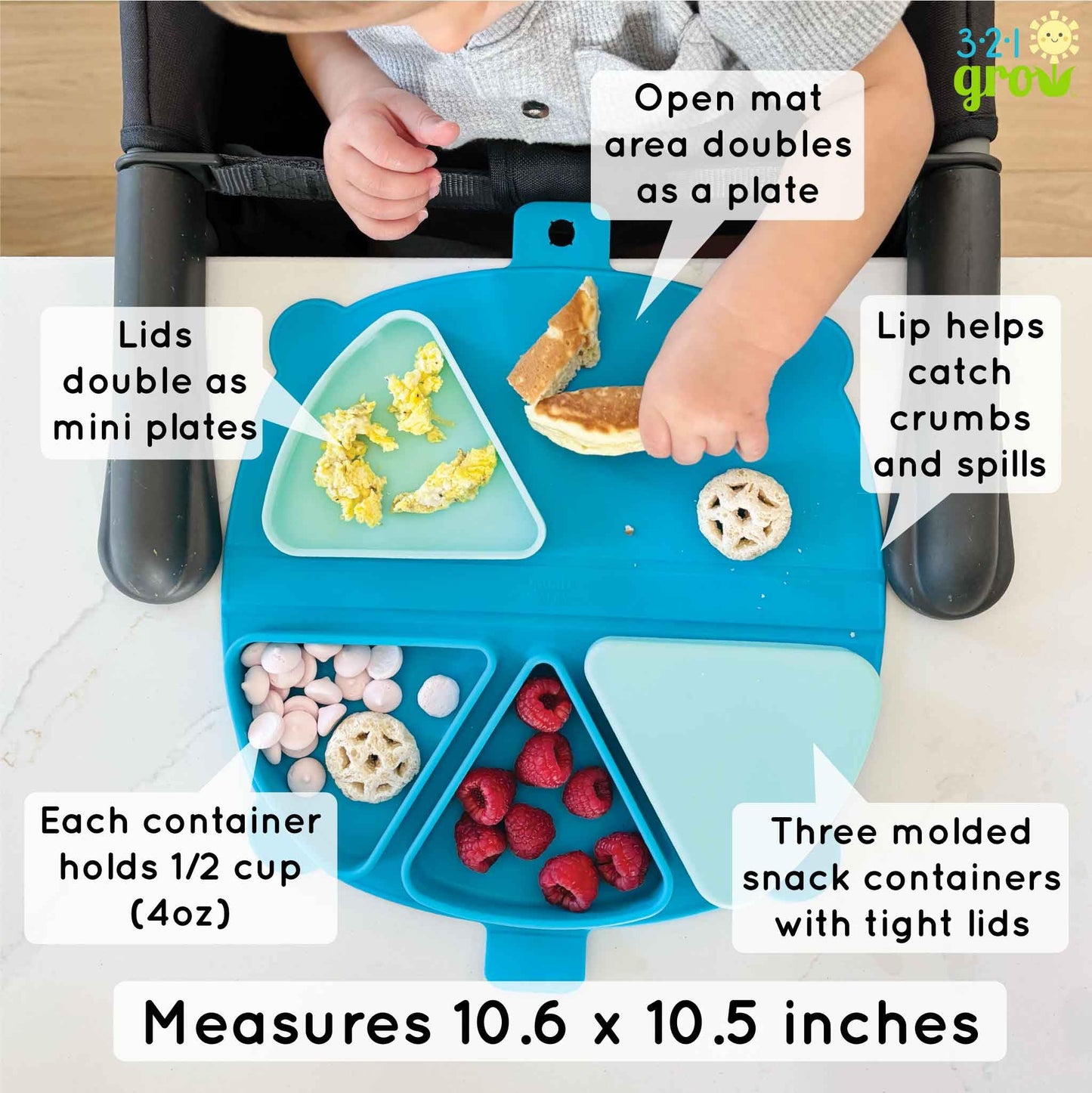 321 Grow Silicone On-The-Go Snack Mat – Foldable Reusable Placemat with 3 Compartments and Lids – Travel-Friendly Baby and Toddler Snack Plate – Dishwasher Safe (Aqua)