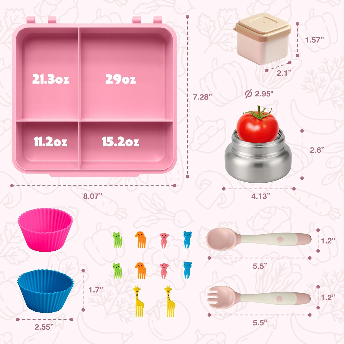 JSLOVE Bento Lunch Box with Leak Proof Thermos Food Jar for Kids, Food Lunch Containers for Girls with 4 Compartments, BPA-Free with Utensils, Food Picks, Sauce Jar & Silicone Lunch Box Dividers