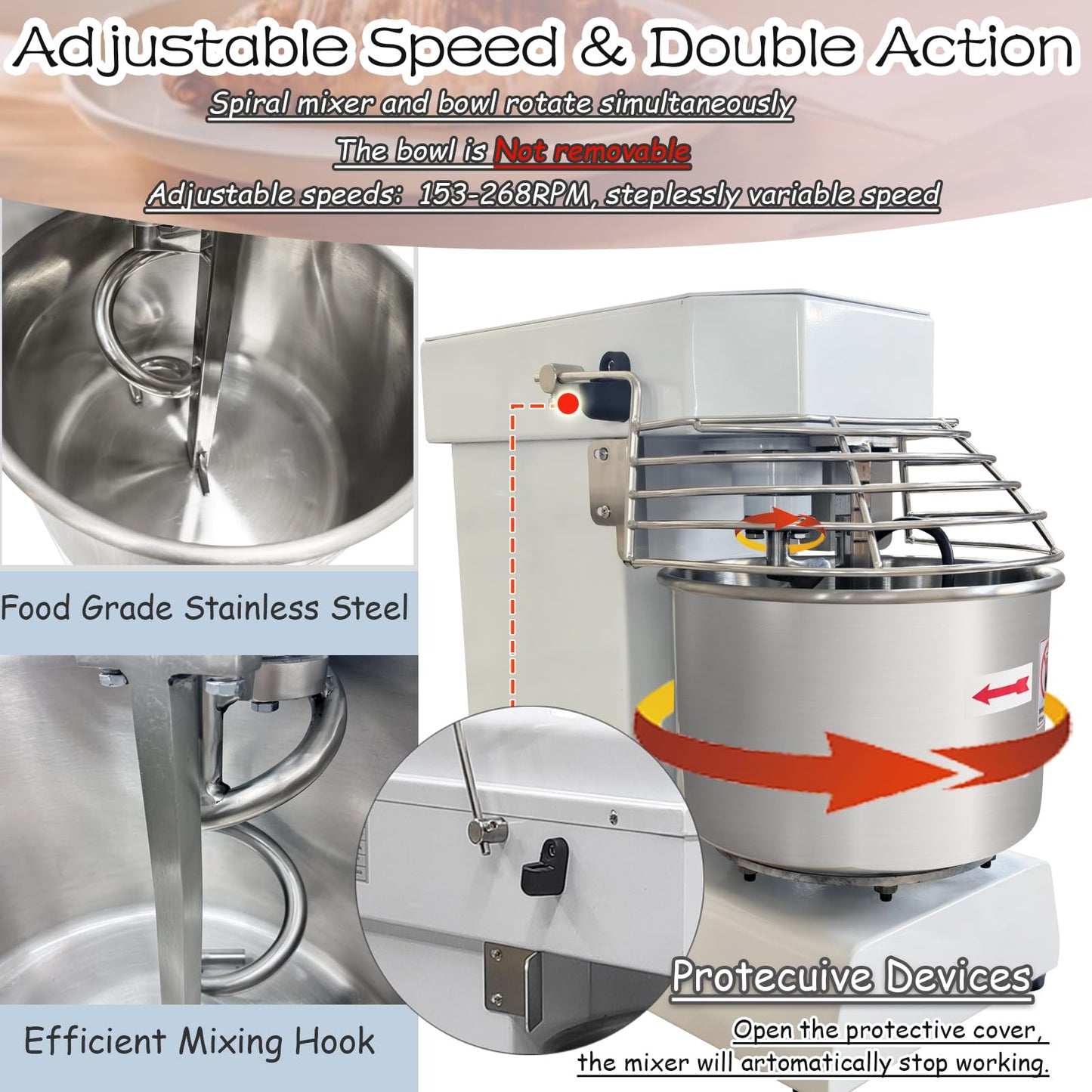 INTSUPERMA Commercial Dough Mixer Machine, 15 QT Electric Food Mixer, 153-268 RPM Adjustable Speed, Double Action, Double Speed,110V 1100W, 15 L Spiral Mixer for Schools Bakeries Restaurants Pizzerias