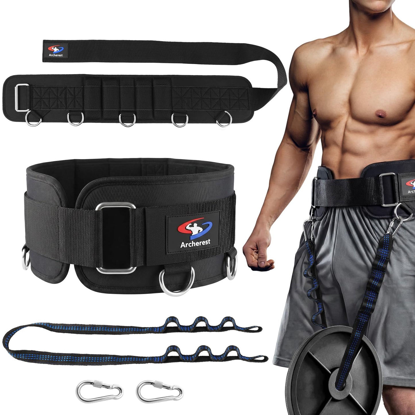 5 D-Rings Weightlifting Belt & Dip Belt with Adjustable 8- Loop Nylon Strap, Weighted Gym Belts for Pull Up, Dips,Squat, Powerlifting & Deadlift, Weight Lifting Belt with Structured Back Support