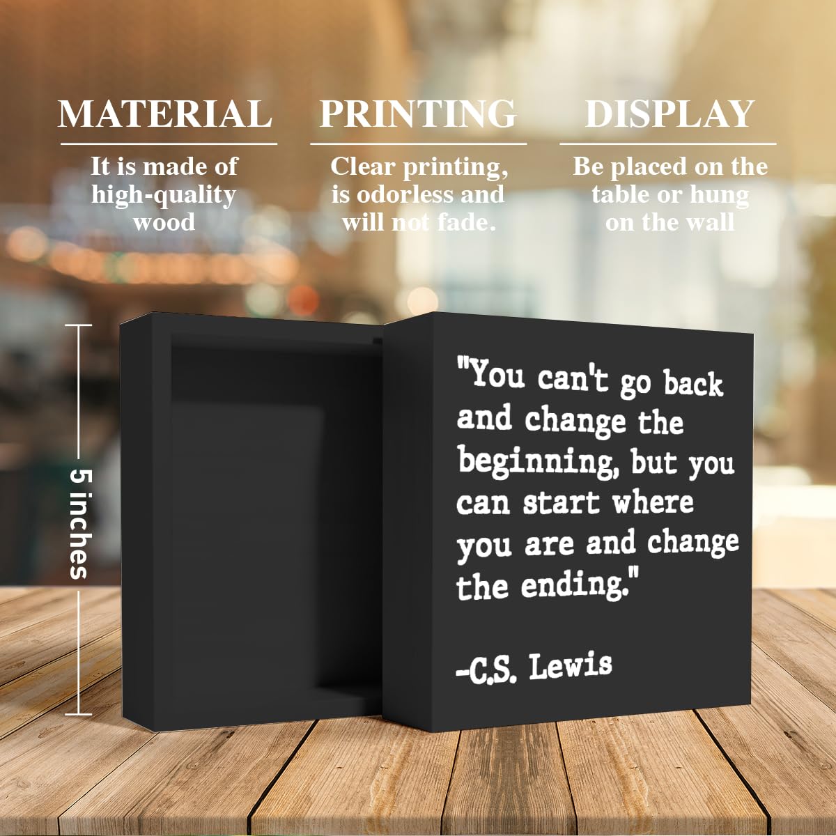 Inspirational Quotes Office Decor Wooden Box Sign for Home Office Desk Shelf Table Motivational Wall Decor Inspirational Gifts for Women Men Friends - C.S. Lewis 5 X 5 Inches (Black)