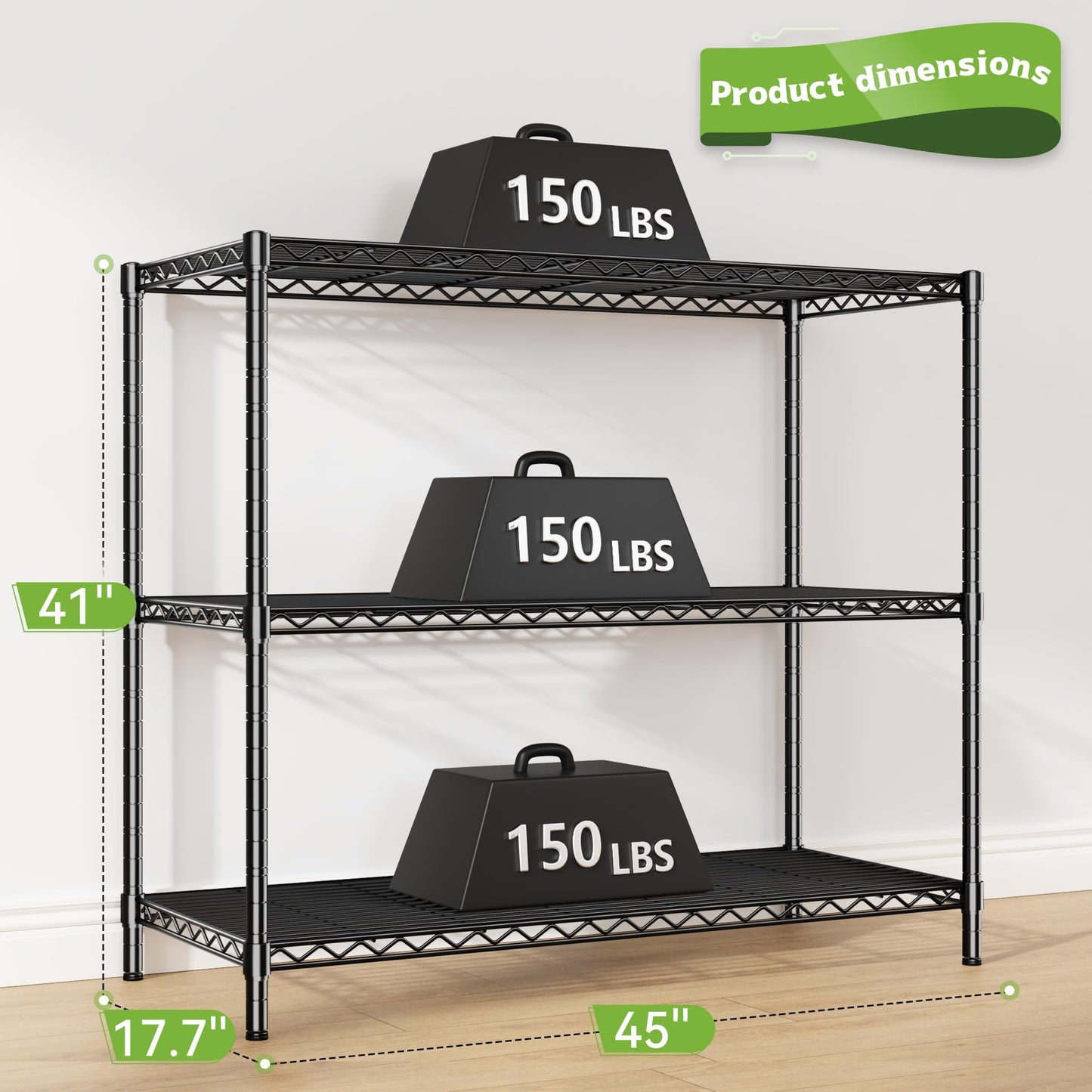 DurayLoly 3 Tier Metal Shelving Unit Adjustable Storage Shelves,Heavy Duty Shelf with Wheels for Kitchen,Office,Bathroom,Easy Assembly Wire Shelving for Laundry,Garage,45" W x 17.7" D x 41" H,Black.