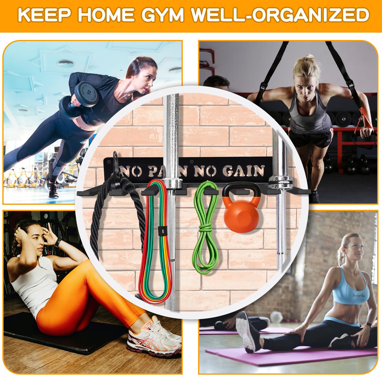 Gym Home Rack 8 Hook Heavy-Duty Wall-mounted Organizer Multi-Purpose Workout Gear Wall Hanger Storage for Resistance Bands Jump Ropes Lifting Belt Fitness Bands Barbells Carabiners Included (NO PAIN NO GAIN)