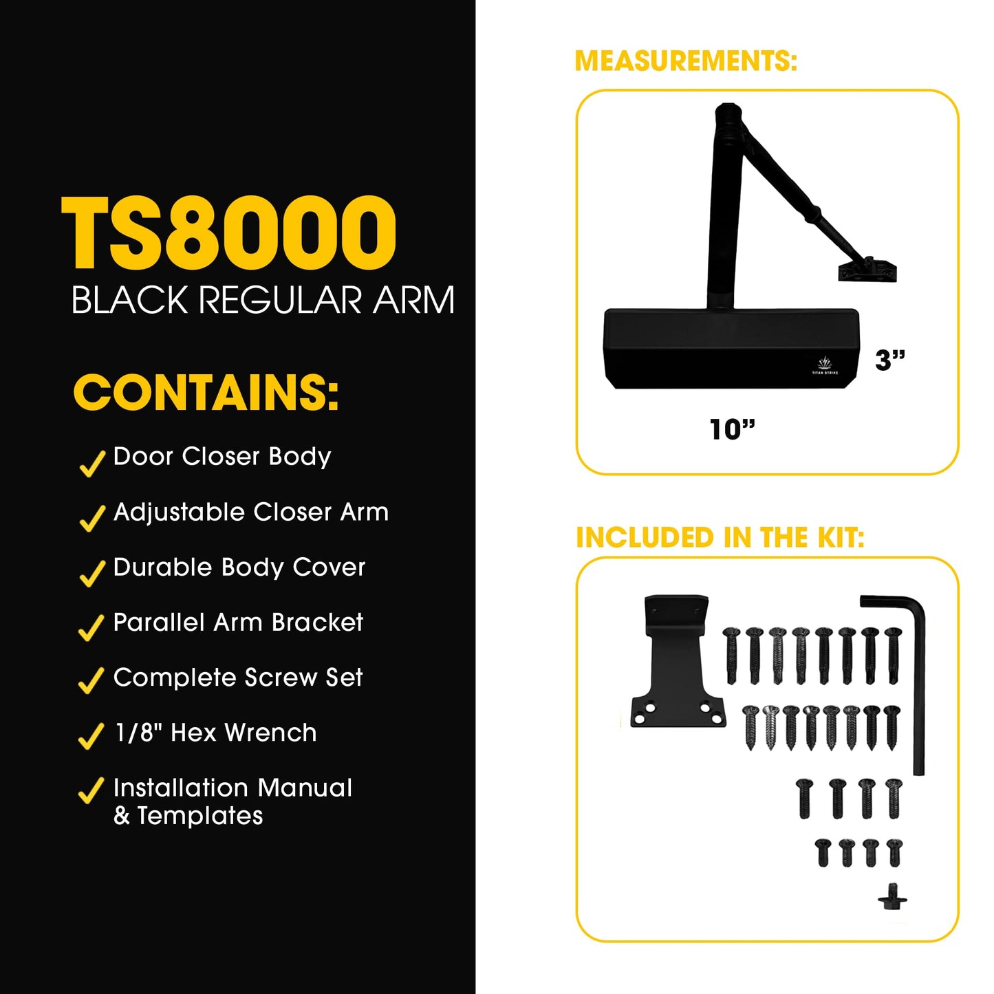TITAN STRIKE Heavy Duty Automatic Door Closer with Regular Arm, Commercial Indoor/Outdoor Adjustable Door Closure, ANSI Grade 1, UL Certified, ADA Compliant, (44-330lb, 30-60in) – Black