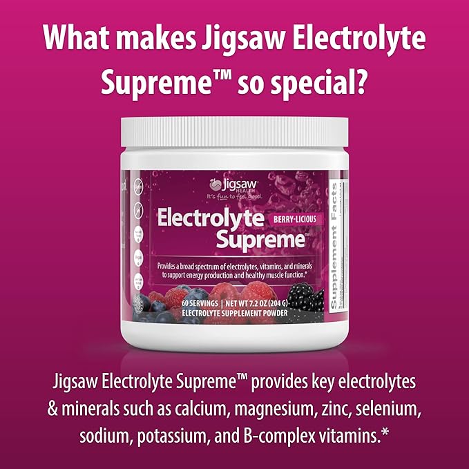 Jigsaw Health Electrolyte Supreme | Broad Spectrum of Electrolytes + Trace Minerals | Berry-Licious Flavor | 60 Servings (Jar)