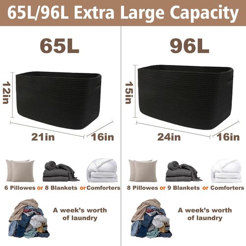 JMvicyroam Woven Blanket Storage Basket - 65L Large Decorative Bin for Toys & Clothes | Black with Handles