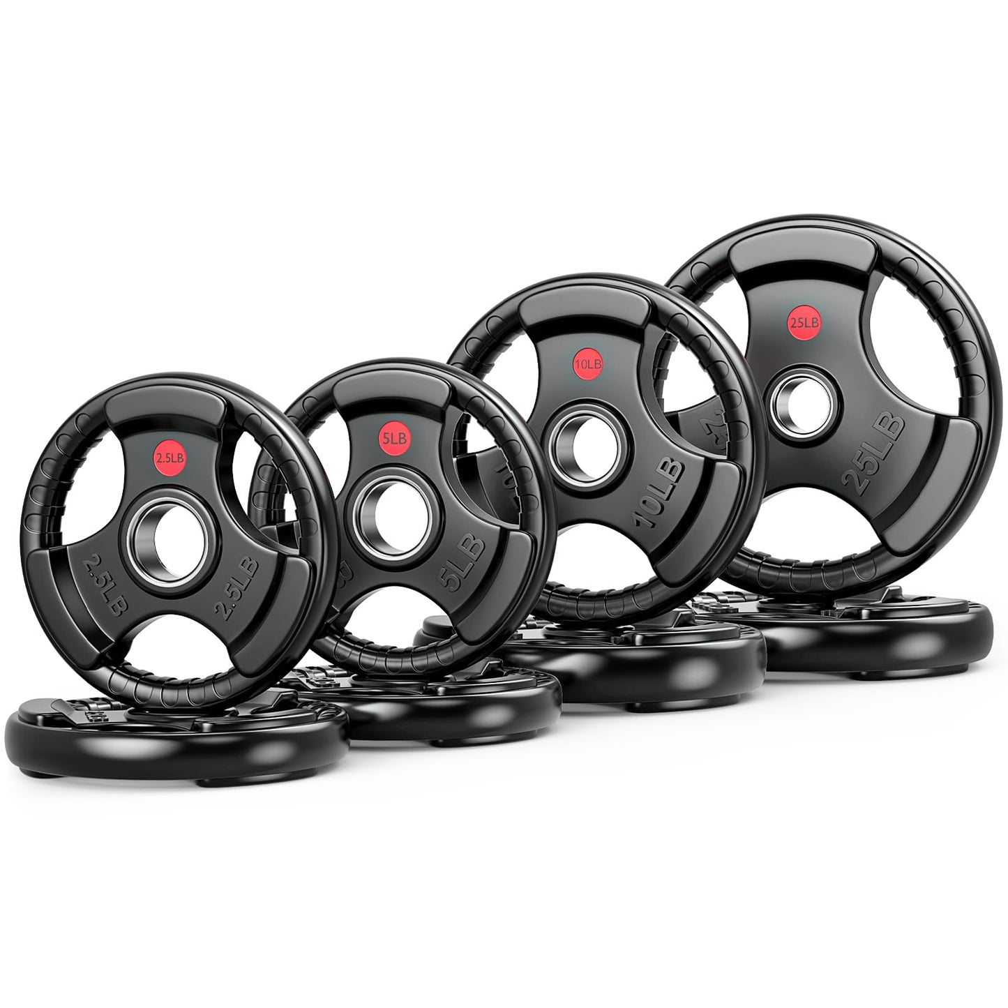 Gikpal Olympic Weight Plates, 2-Inch Three-Grip Rubber Coated Barbell Plates with Steel Hub, Cast Iron Weights for Strength Training & Home Gym, Pair or Sets (2.5–45LB)