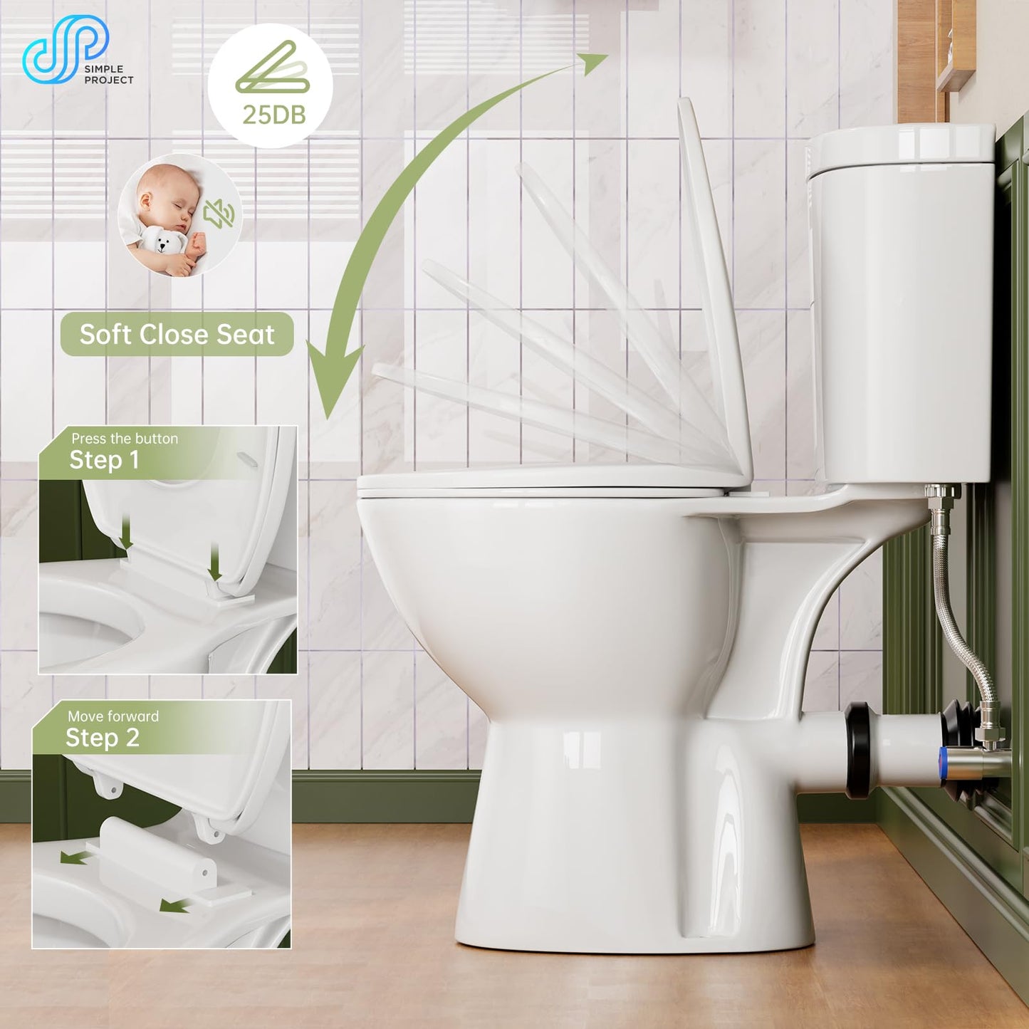 Simple Project Rear Outlet Toilet with Tank, 19 Inch ADA Rear High Toilet, Dual Flush 1/1.28GPF Back Discharge Tall Toilet with Comfort Soft Close Seat for Seniors -Includes Extension Pipe