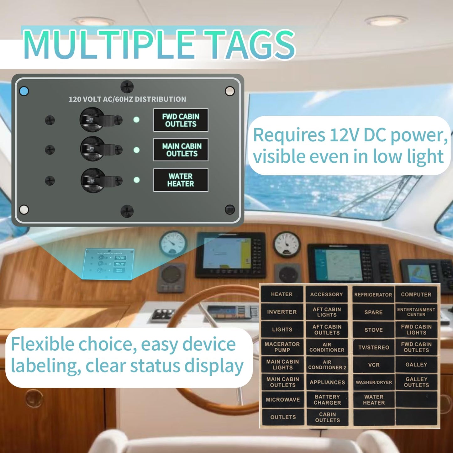 Haoguo Marine Distribution Switch Panel, 120VAC 3-Position Circuit Breaker with LED Indicators, 12VDC Backlit Board, Multiple Labels, Overload Protection, for Boats, RVs, and Home AC Circuits,HCTP-03