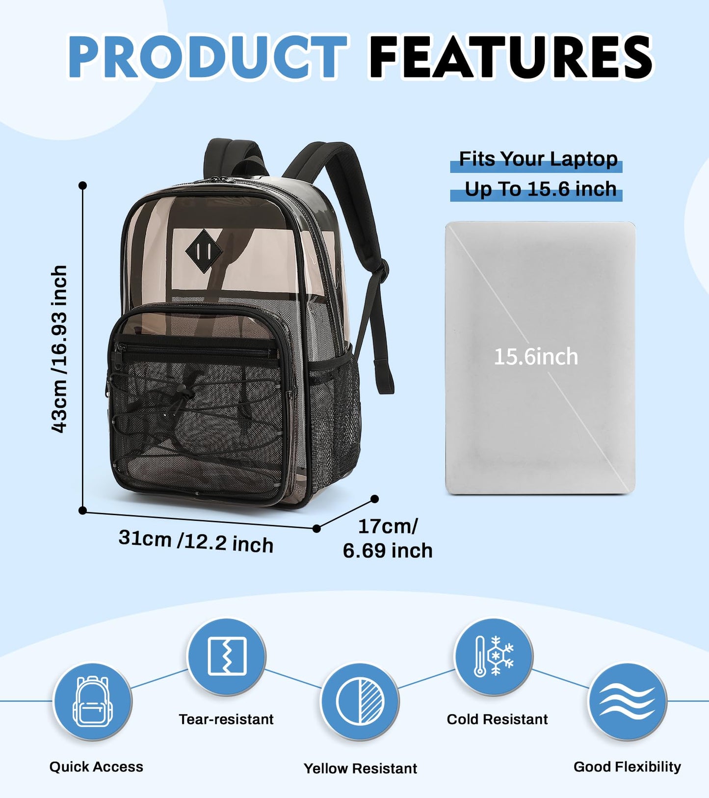 MUSEVOS Clear Backpack Heavy Duty for School, Large PVC See Through Backpacks for Stadium Events, Travel, Clear BookBag for Kids, Boys and Girls, Semi Black