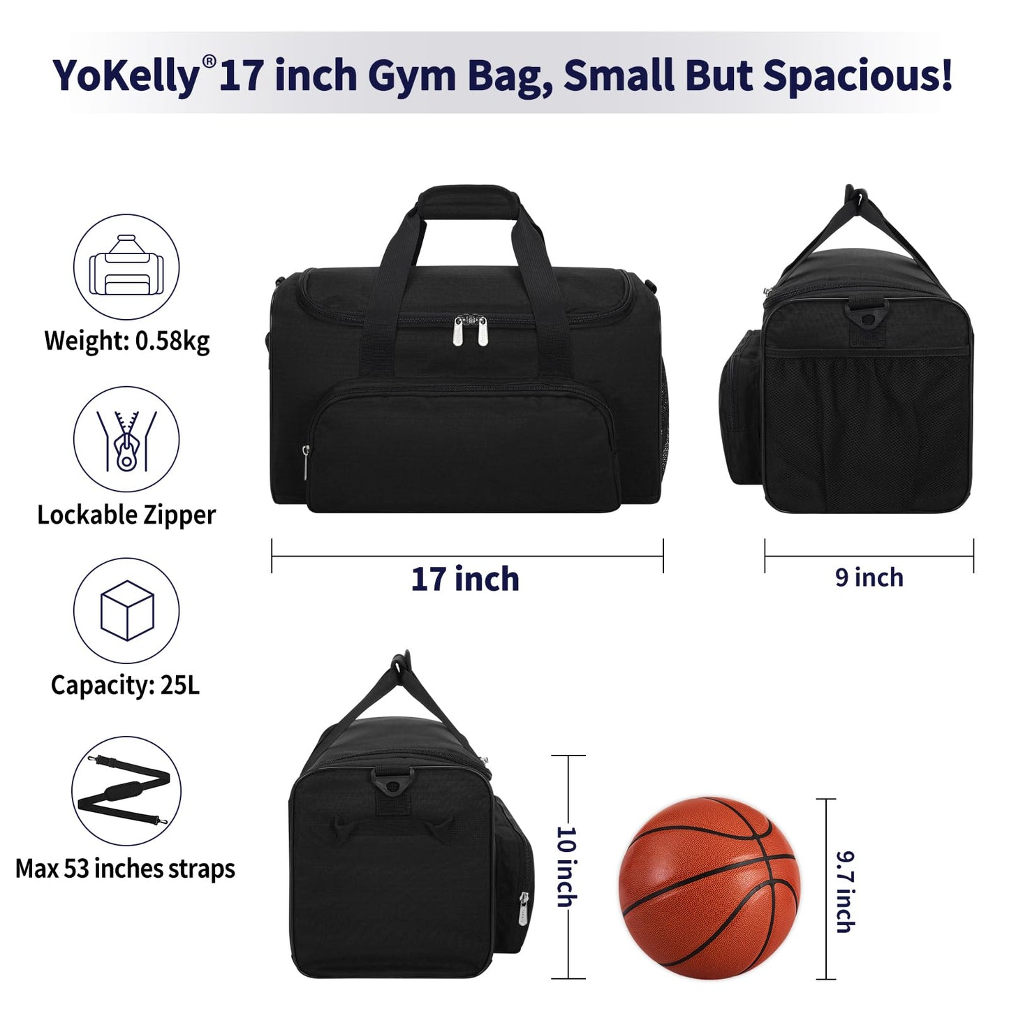 YoKelly 25L Small Gym Sport Duffle Bag - 17 Inch Weekender Overnight Bag for Travel, Workout, Fitness - Black