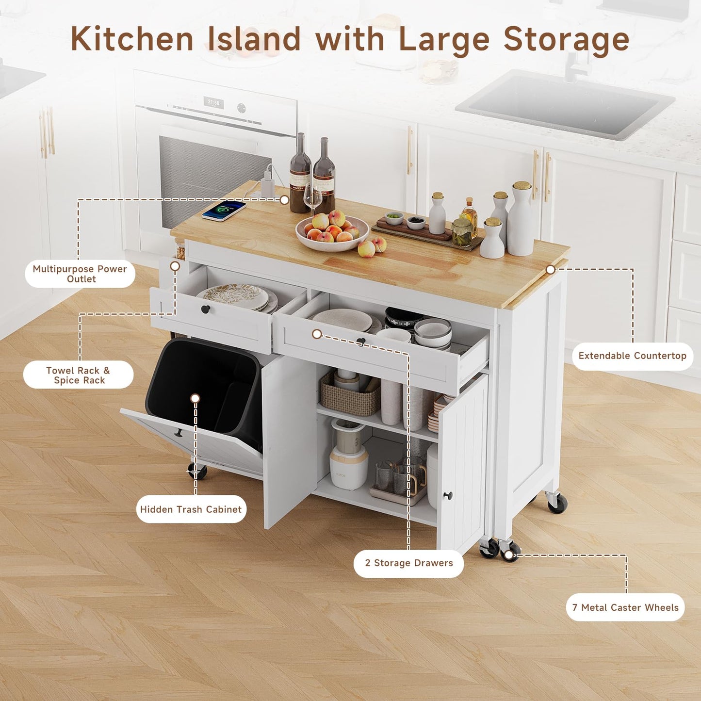 Lefurture Kitchen Islands with Storage, Kitchen Island on Wheels with Extendable Dining Table and Power Outlet, Rolling Island Cart with Trash Cabinet, Spice Rack & Towel Rack, White