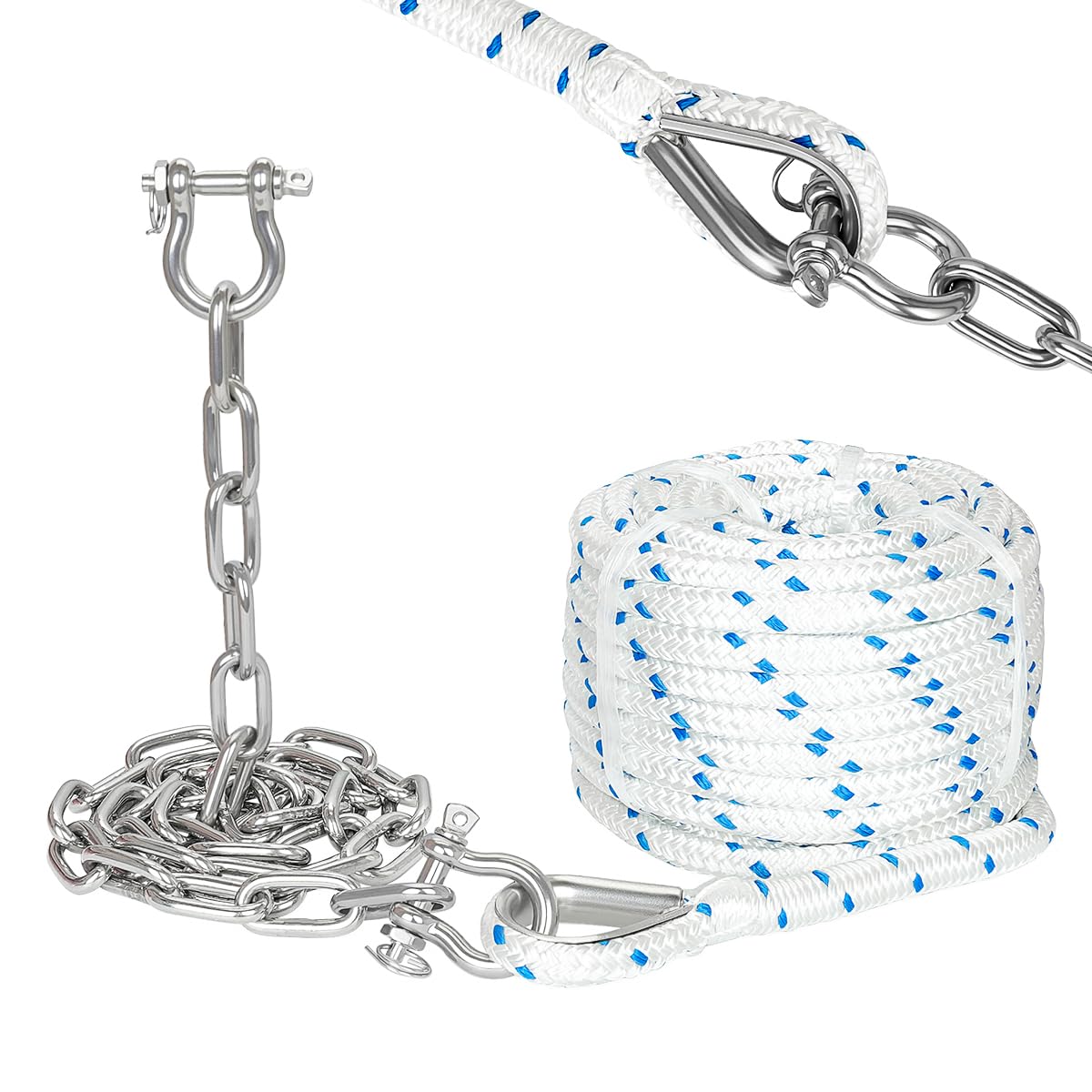 FUCNEN1/2 Boat Anchor Rope 200 FT with 316 Stainless Steel Chain 1/4" x 10 FT, 5/16" Anti-Off Shackles and 1/2" Thimble, Anchor Rode for Mooring, Boats Pontoon, Deck, Fishing, Sail