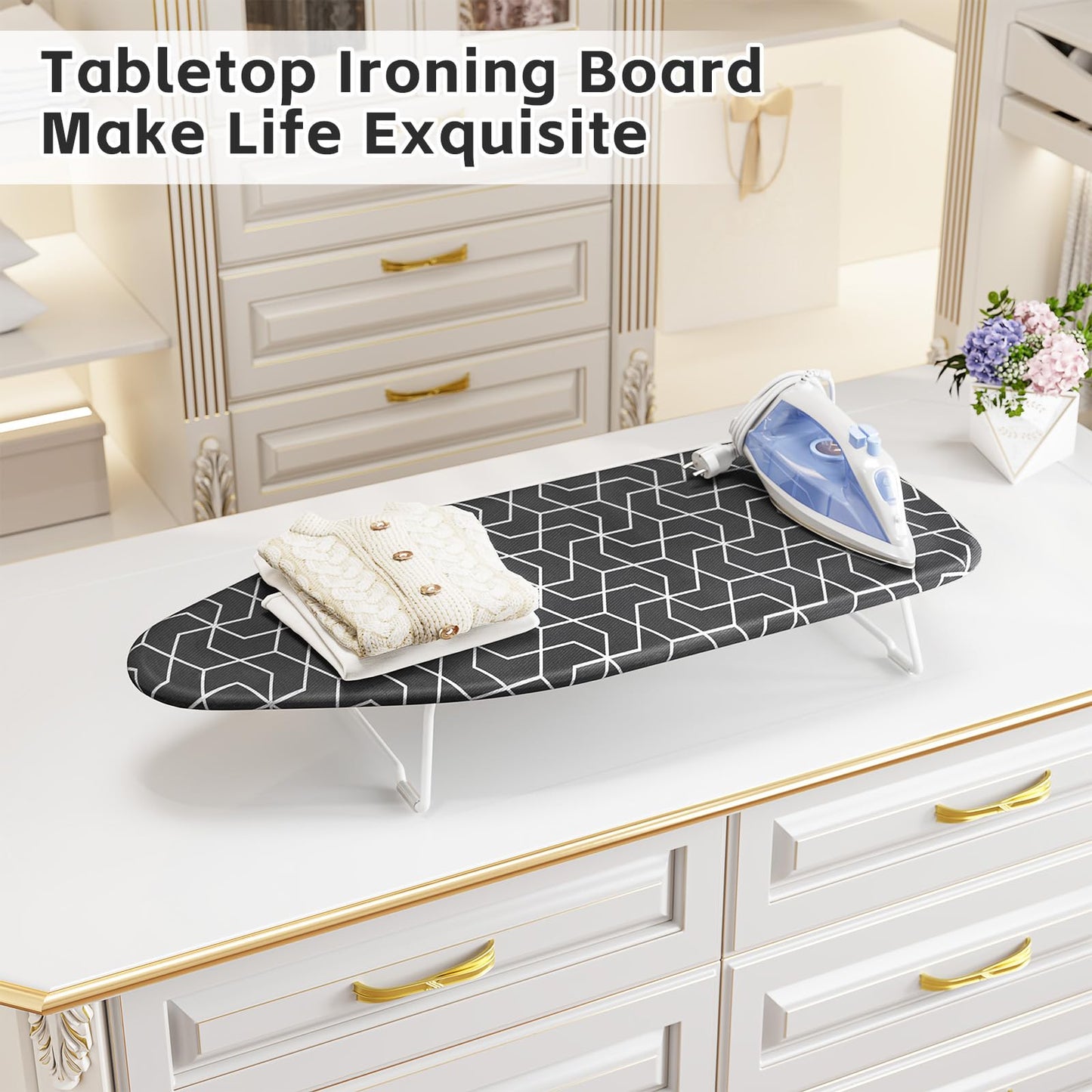 Small Ironing Board Tabletop with Heat Resistant Cover, Compact Mini Ironing Board with Metal mesh Frame,for Dorm,Apartment and Travel, Hook for Hanging, Iron Board 12x30, Iron Table Stand Dark Gray