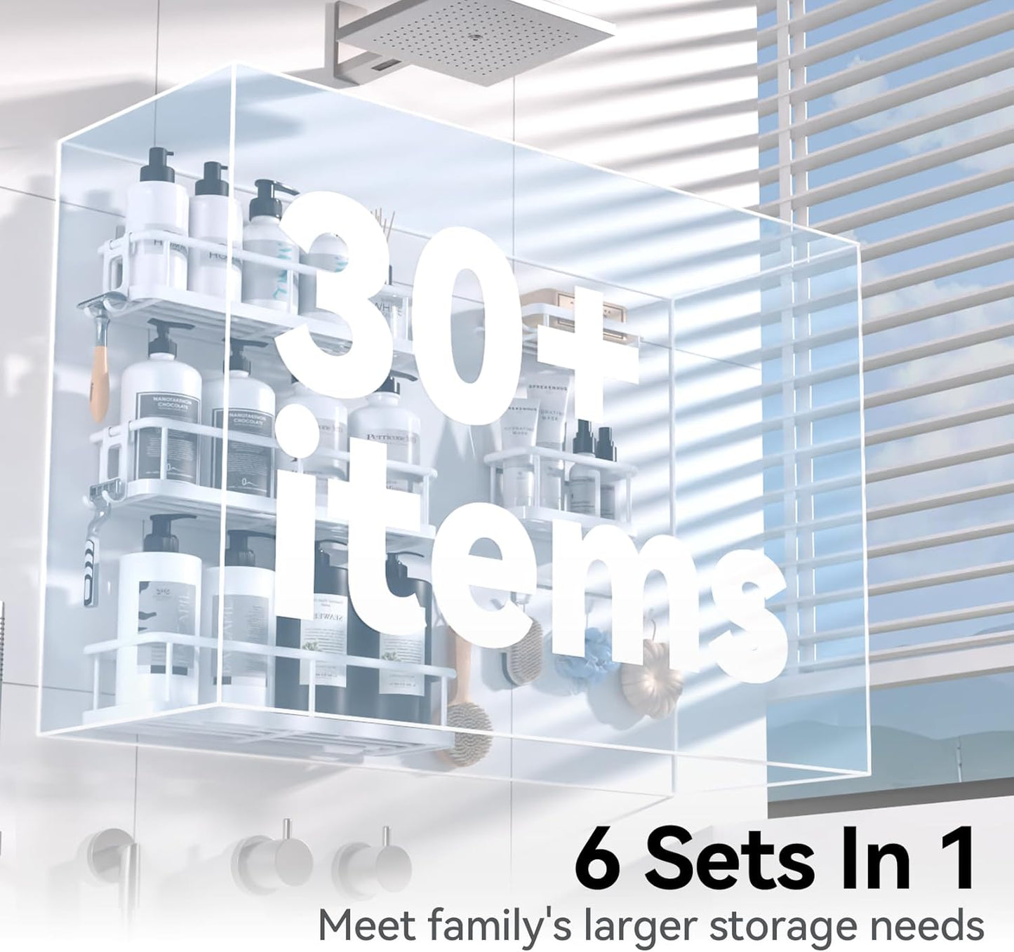 YASONIC Shower Caddy - Large Capacity Bath Organizer with Soap Holder & 12 Hooks | Rustproof White Shelves