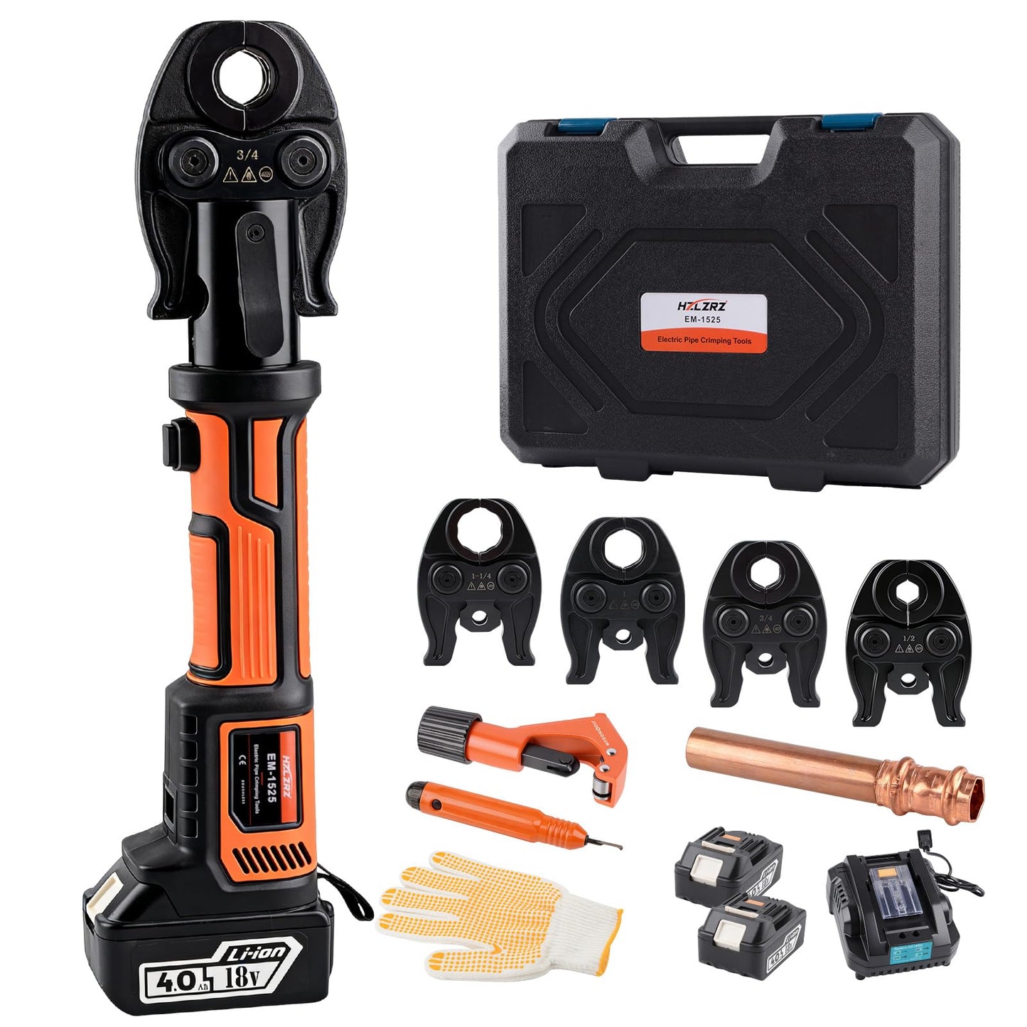 HZLZRZ Pro Press Tool 18V Brushless Electric Crimping Tool Kit for Copper Pipe, Includes "1/2, 3/4, 1, 1-1/4" ProPress Fittings with 4 Press Jaws, 2-Pack 4.0Ah Batteries, Fast Charger & Carrying Case