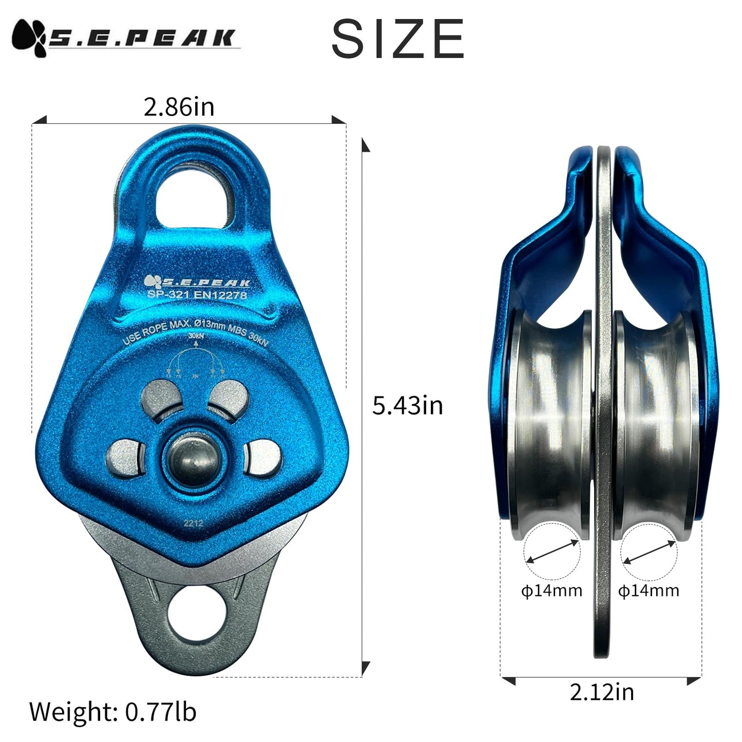 S.E.PEAK 30kN Upgraded Rescue Double Pulley Sheave with Swing Plate,CE High Strength Pulley for Backyard Zipline, Climbing, Rock Rescue Lifting, Hauling, Fit Rope up to 13 mm/Holds Up to 6750lbs,Blue