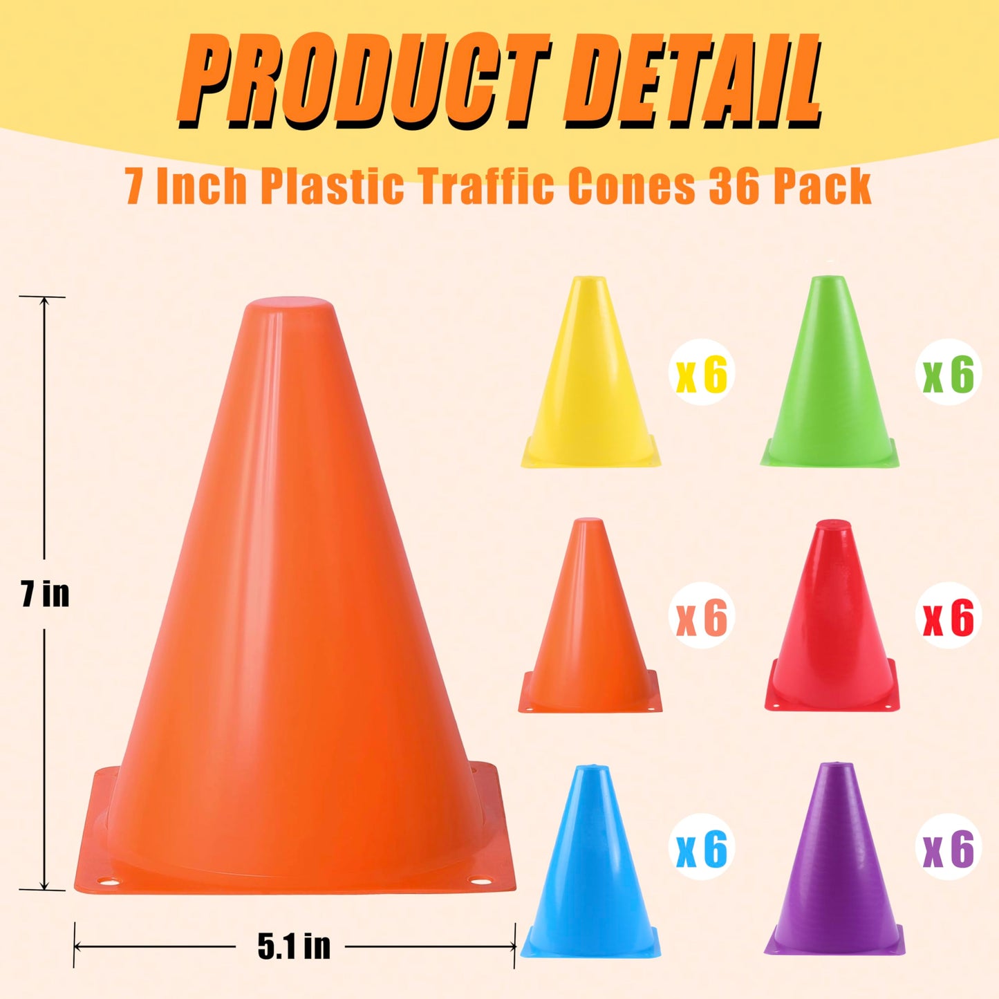 Qtheaes 7" Soccer Cones for Training, 36 Pack Sports Agility Field Plastic Small Cones for Kids Skating Basketball Football Practice Drills, 6 Colors