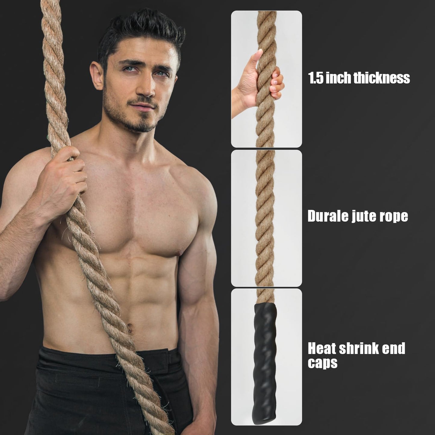 XBEN 1.5 Inch Jute Climbing Rope 20FT - 550 LBS Heavy Duty Workout Rope for Gym, Fitness, Tree Swing, Obstacle Course, Heat-Shrink Caps & Natural Non-Slip Grip