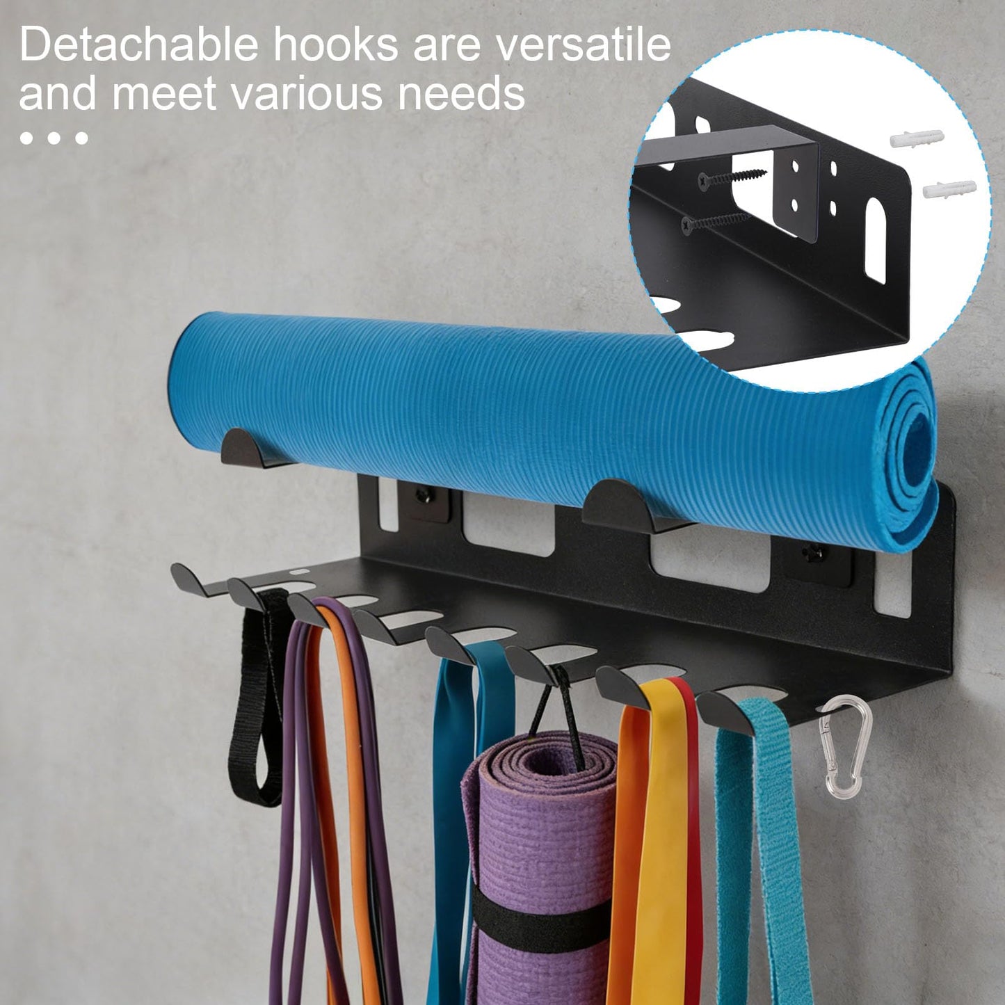 Multi-Purpose Gym Equipment Storage Rack, Heavy Duty Wall Mount Home Gym Organization with Carabiner for Resistance Bands Yoga Mat Jump Ropes Weight Belts Straps