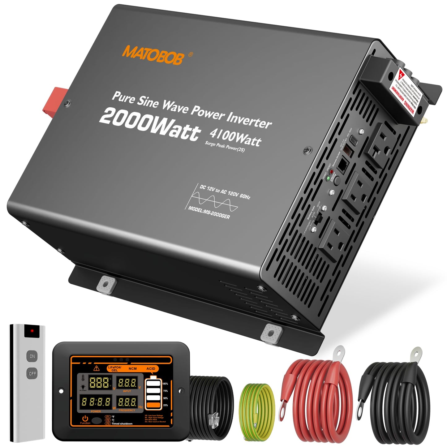 Pure Sine Wave Power Inverter 2000 watt 12 Vdc to 120 Vac,4100W Surge,Wired LED Remote and Wireless Remote for Home,Off Grid Solar System, Hurricanes, Power Outages,RVs by Matobob