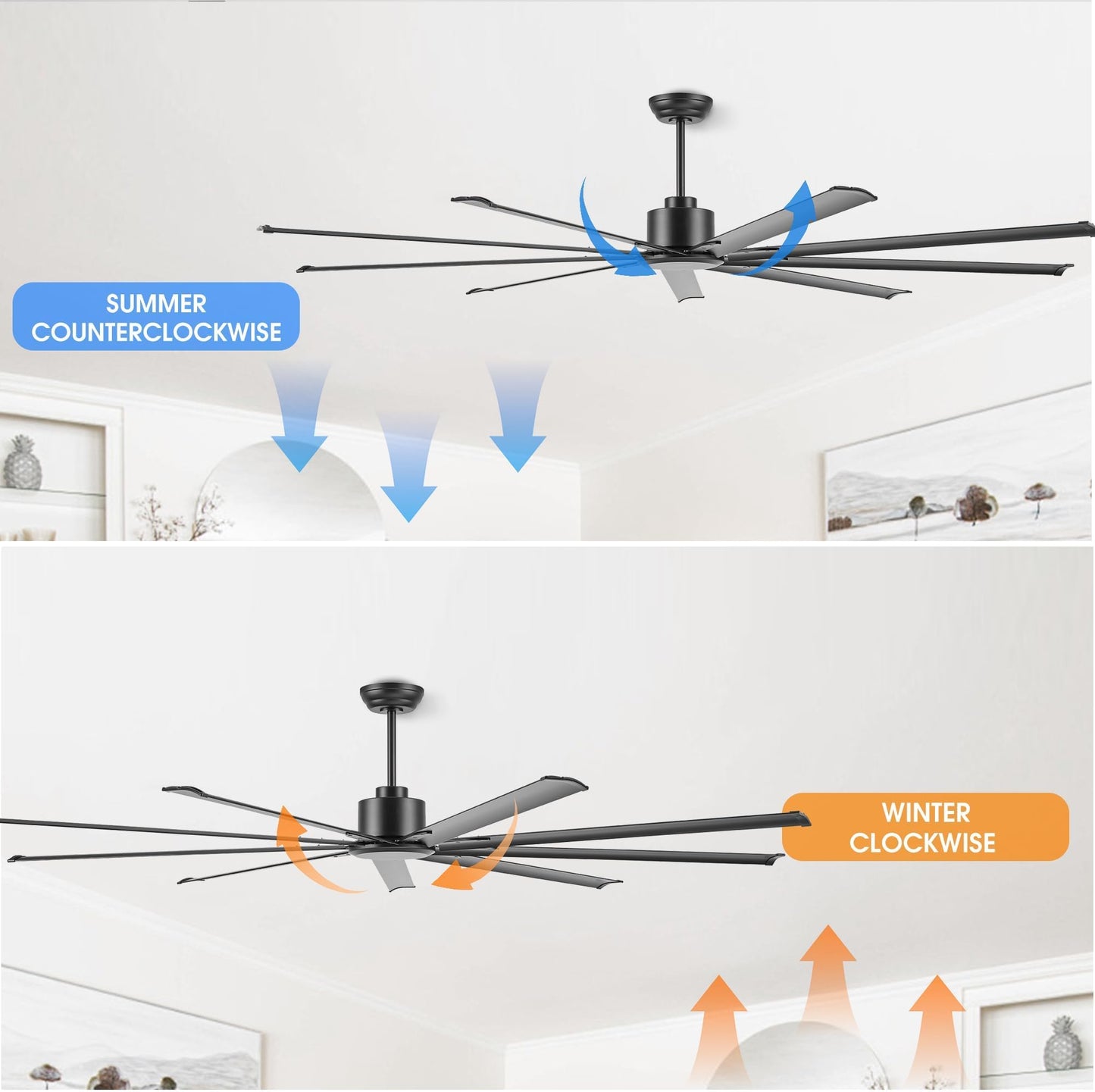 WINGBO Black Industrial Ceiling Fan No Light 120", 9 Aluminum Blades, 6 Speed Remote Control, Reversible DC Motor, for Home and Commercial Use, Living Room/Shop/Warehouse