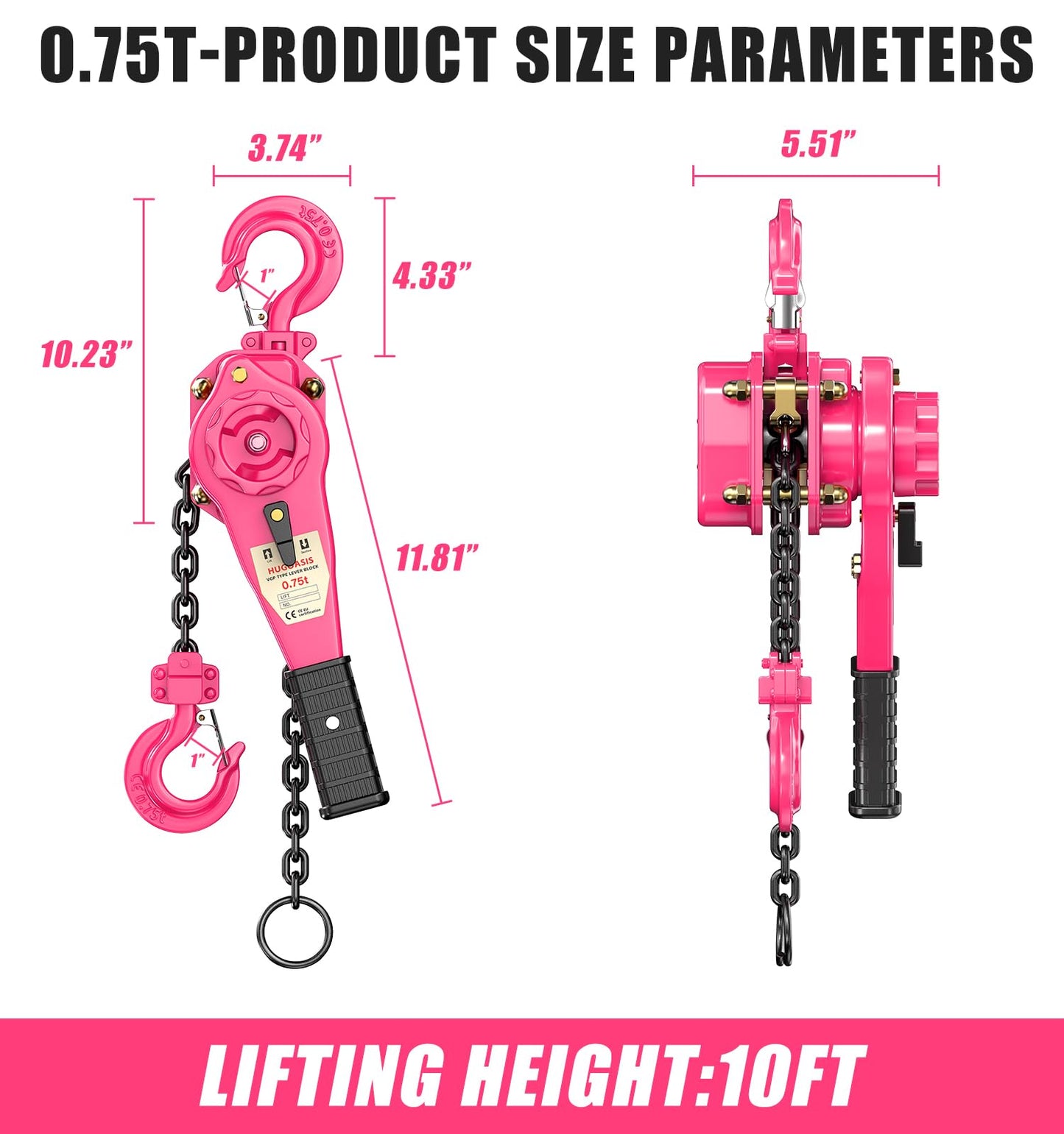 HUGOASIS 3/4 Ton 1650lbs Lever Chain Hoist Capacity 10ft,Chain Come Along with Dual Brake System, G80 Manganese Steel Chain, 2 Heavy Duty Hooks for Garages Warehouse Automotive Machinery – Pink