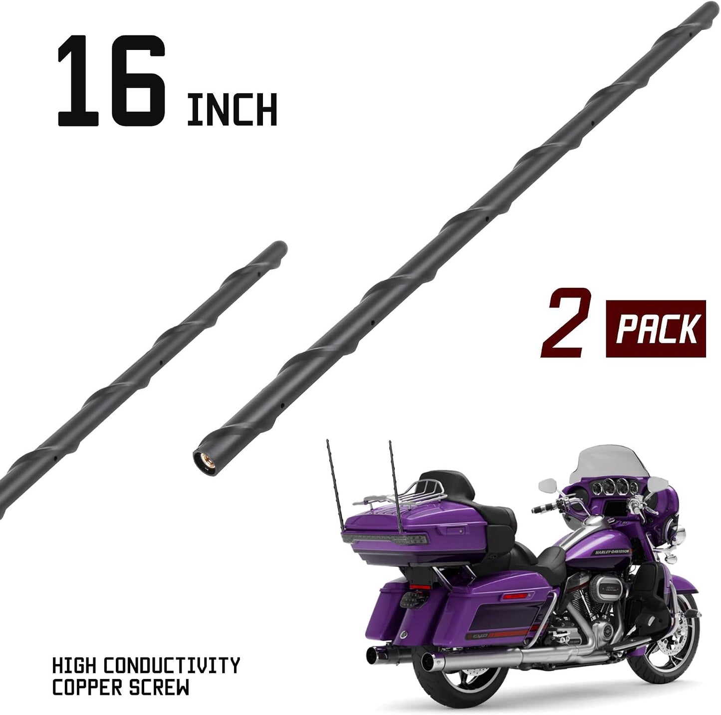 KSaAuto H21 (1998-2026) 16 Inch Pair AM/FM Radio Antenna for Harley Davidson Road Street Electra Tour Glide Wide