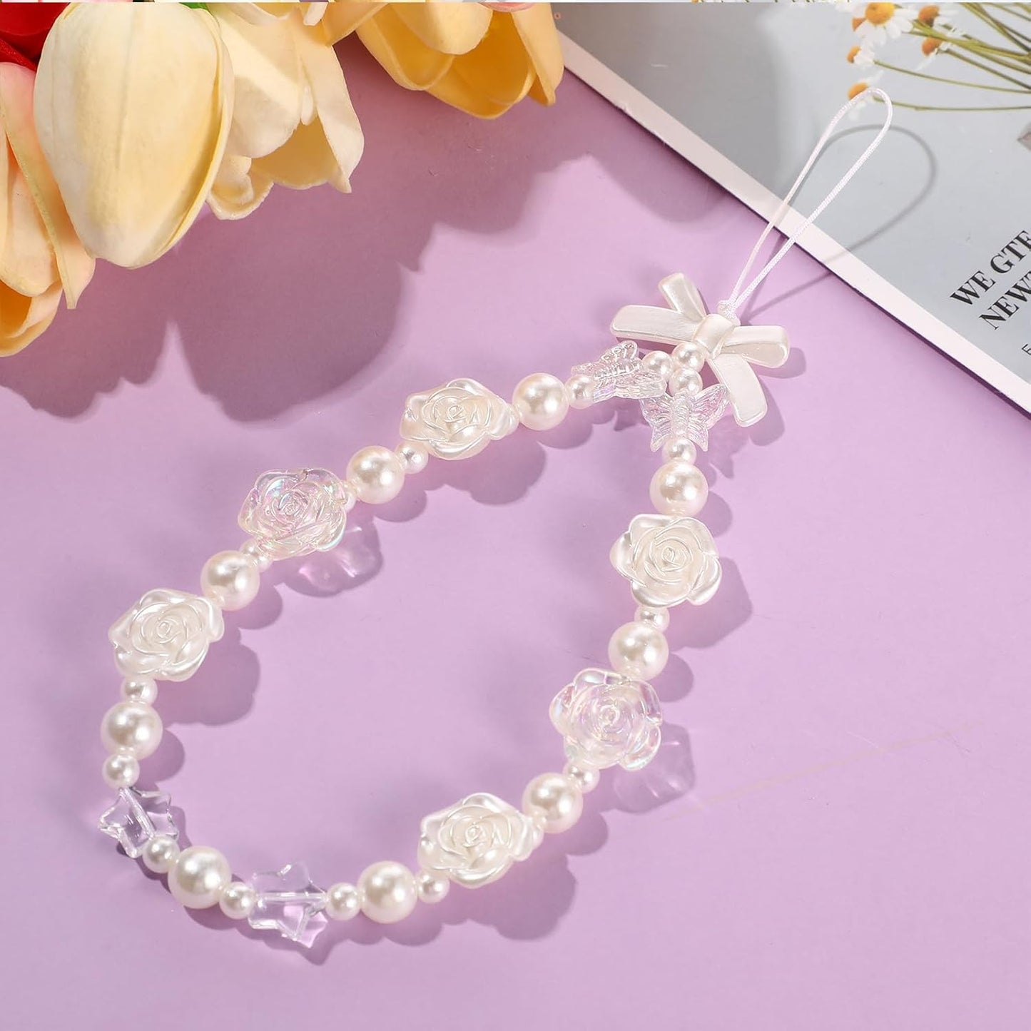 3 Ecally Pcs Phone Charms Strap Camera Charm Strap Pearl Beaded Butterfly Bow Flower Cute Phone Wrist Lanyard Bracelet