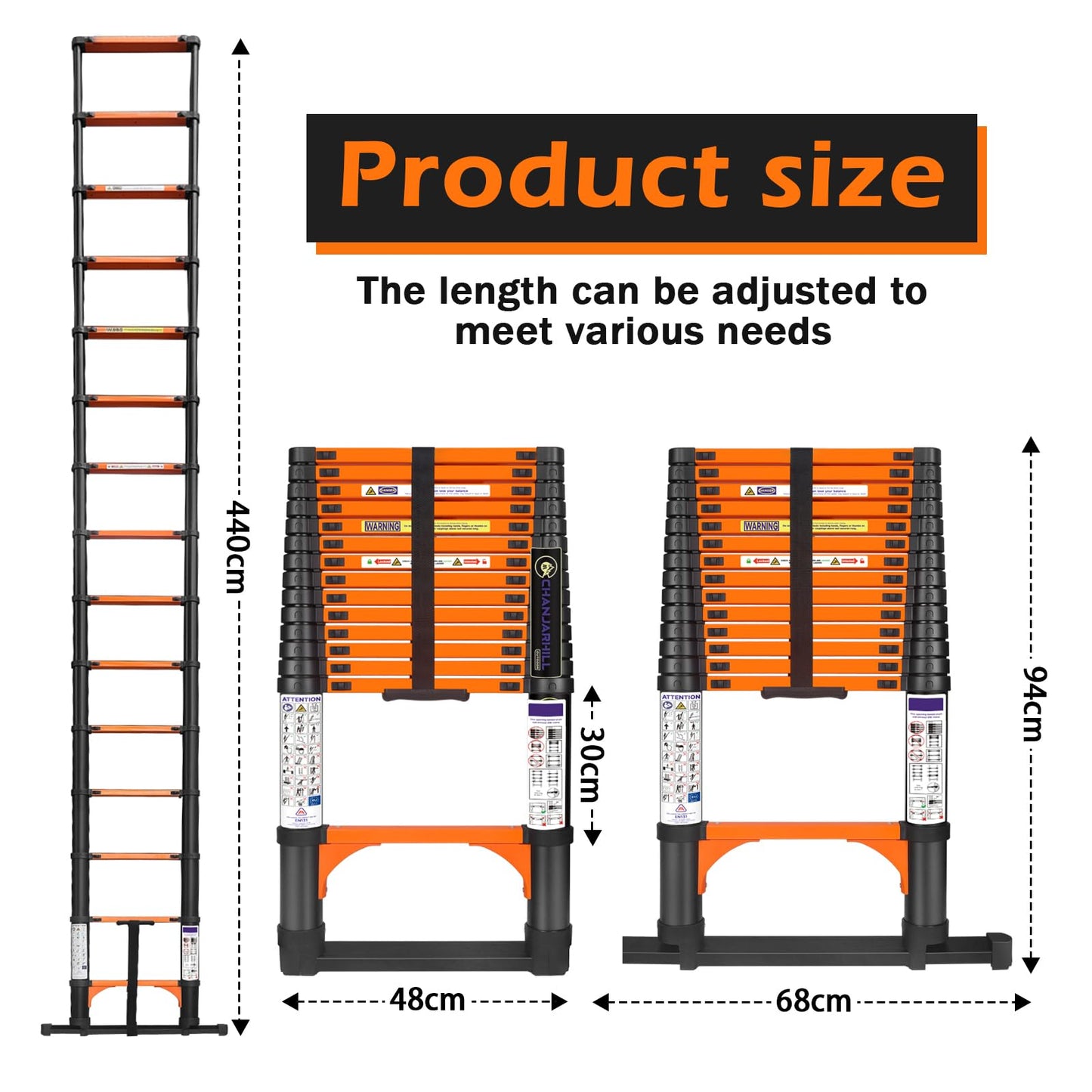 14.5FT Telescoping Extension Ladder for RV Attic Home, Multi-Purpose Collapsible Ladder with Non-Slip Feet, Lightweight Retractable Telescopic Ladder with 2 Triangle Stabilizers & Safety J-Hook