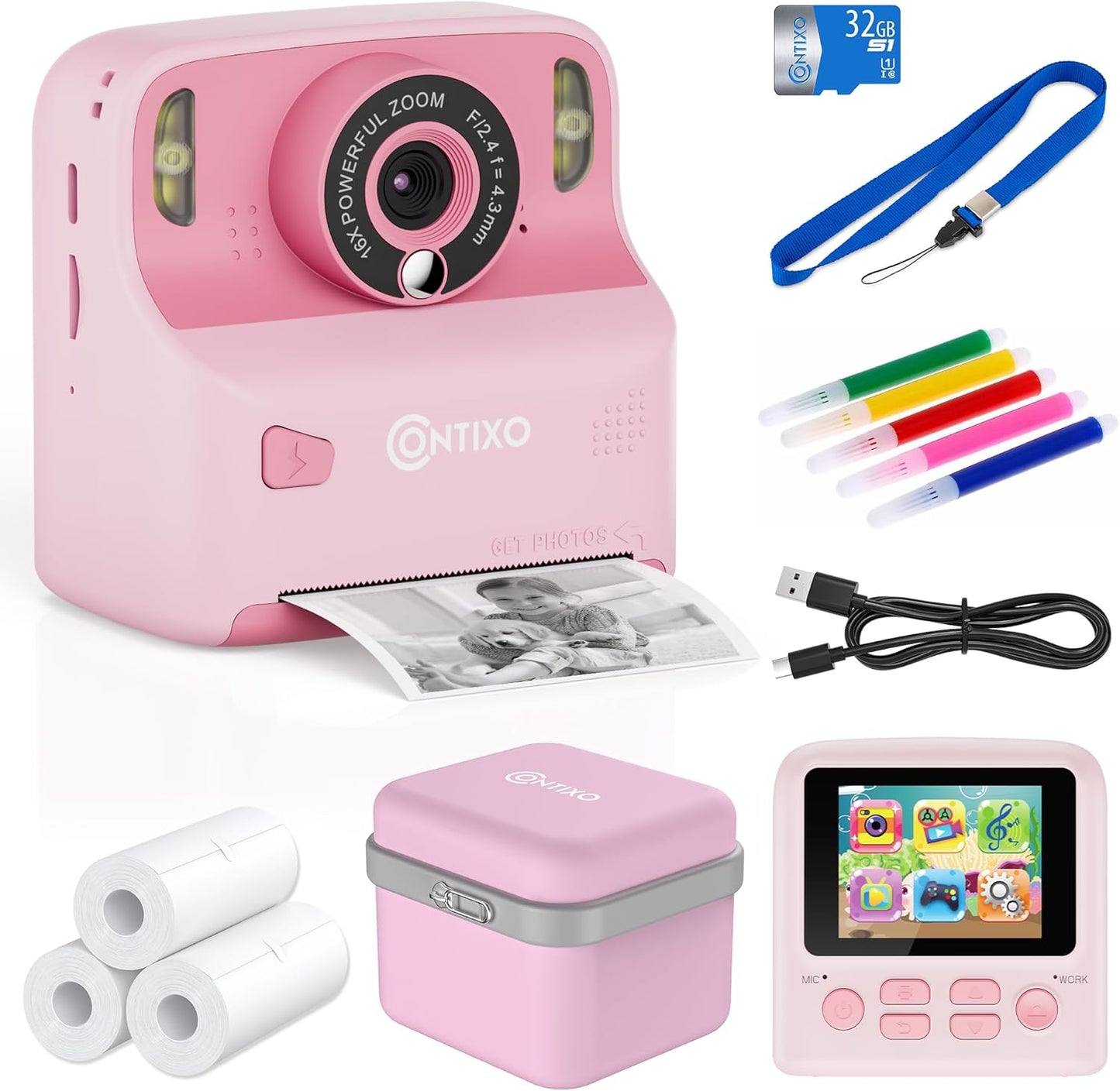 Contixo KC2A 2.4 12MP 1080P 3 MP3 412 Kids Instant Print Camera with Screen, Photo, Video, Print Rolls, Player, Type-C