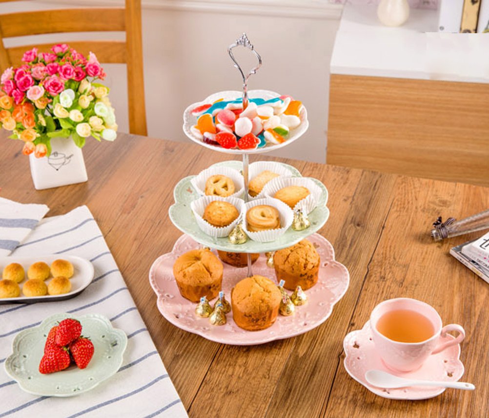 Jusalpha® 3-Tier Porcelain Cake Stand-Dessert Stand-Cupcake Stand-Tea Party Serving Platter, Comes in a Gift Box- Free Sugar Tong,3 Color (Silver)