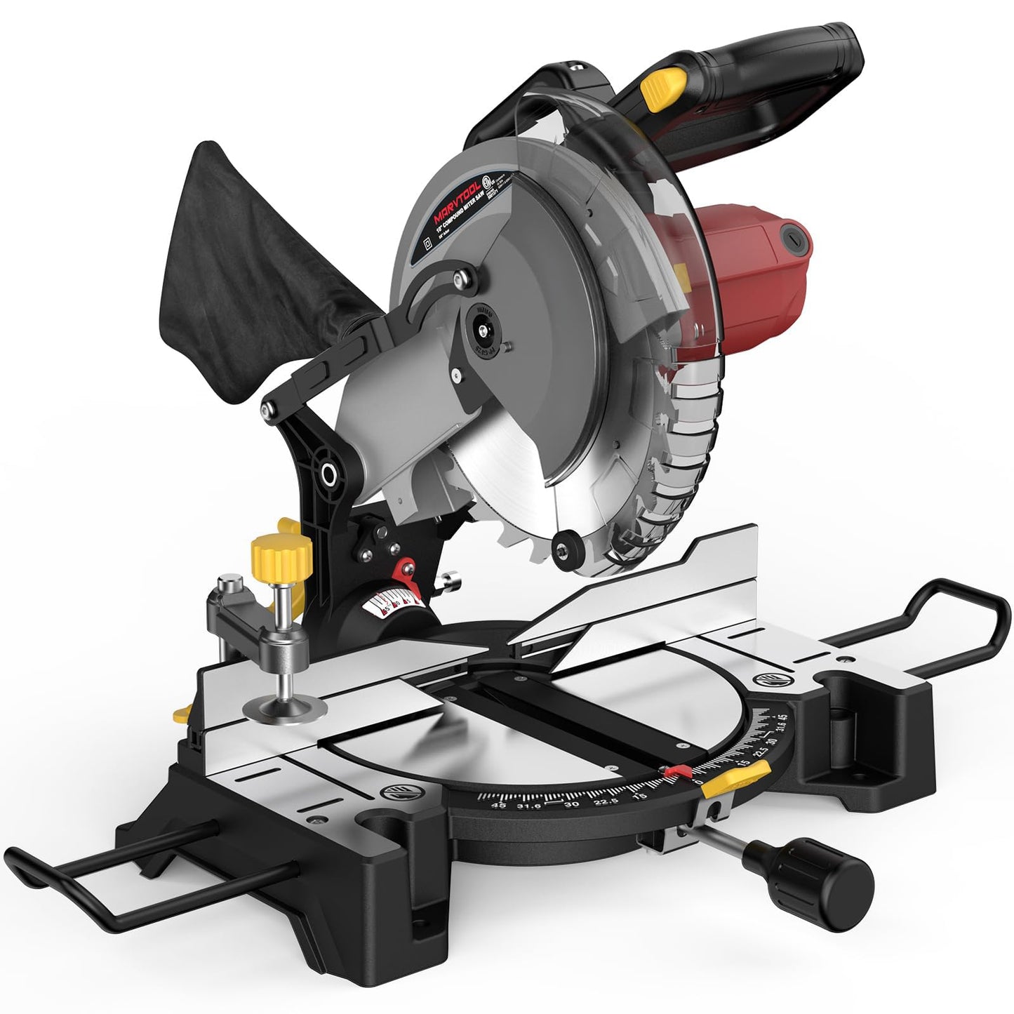 Marvtool 10-inch Compound Miter Saw, 5000RPM, 15 Amp, Single Bevel 0-45° with Extension Table, 36T Blade, Power Saw for Metal, Plastic, Wood, Laminates