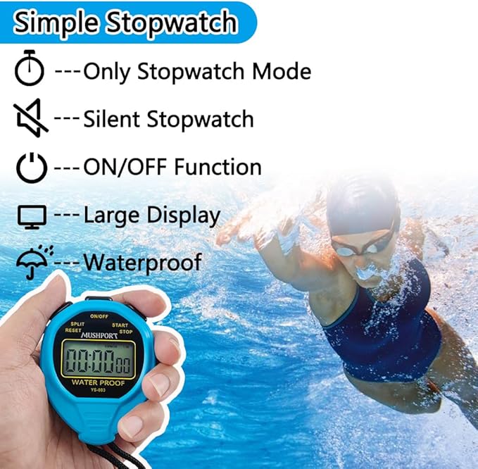 Waterproof Stopwatch Timer Only Stopwatch Mode, ON/Off Silent Simple Operation, Without Clock Date Countdown, Digital Stop Watch for Swimming Sports, Blue