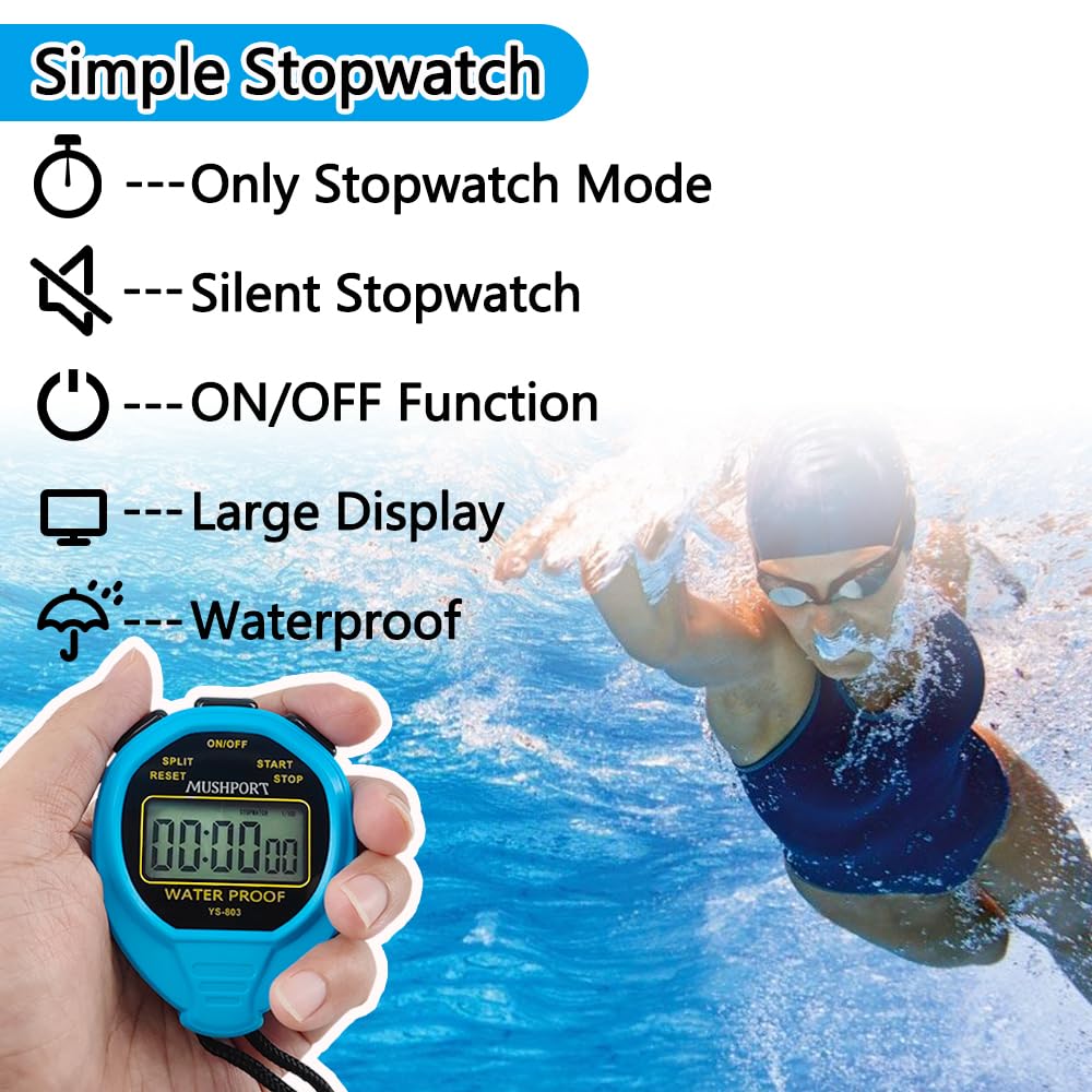 MUSHPORT Waterproof Stopwatch Timer Only Stopwatch Mode, ON/Off Silent Large Display Simple Operation, Without Clock Date Countdown, Digital Stop Watch for Sports Coaches, Blue