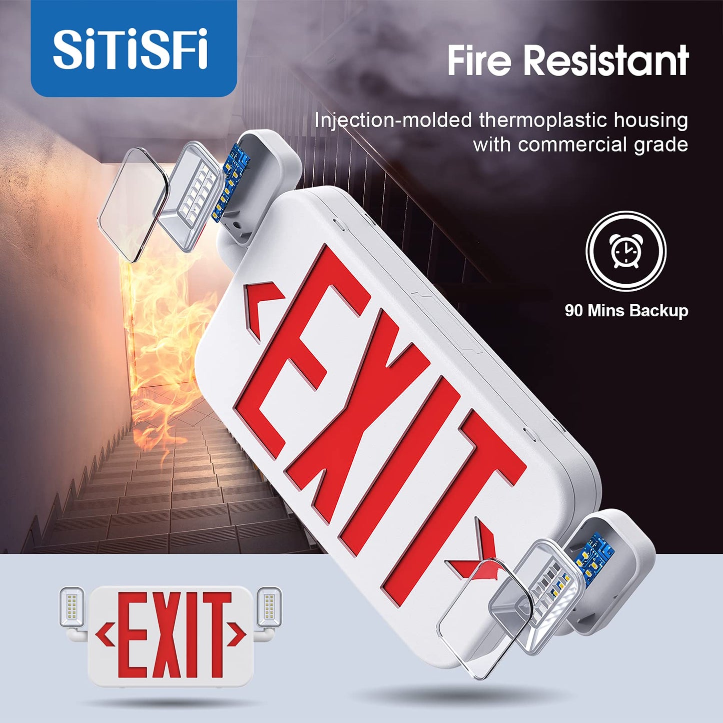 SITISFI Led Combo Emergency Exit Sign Light with Two Adjustable Head Lights and Backup Battery Exit Light,US Standard Red Letter Commercial Emergency Exit Lighting,UL 924,AC120/277V (2Pack)