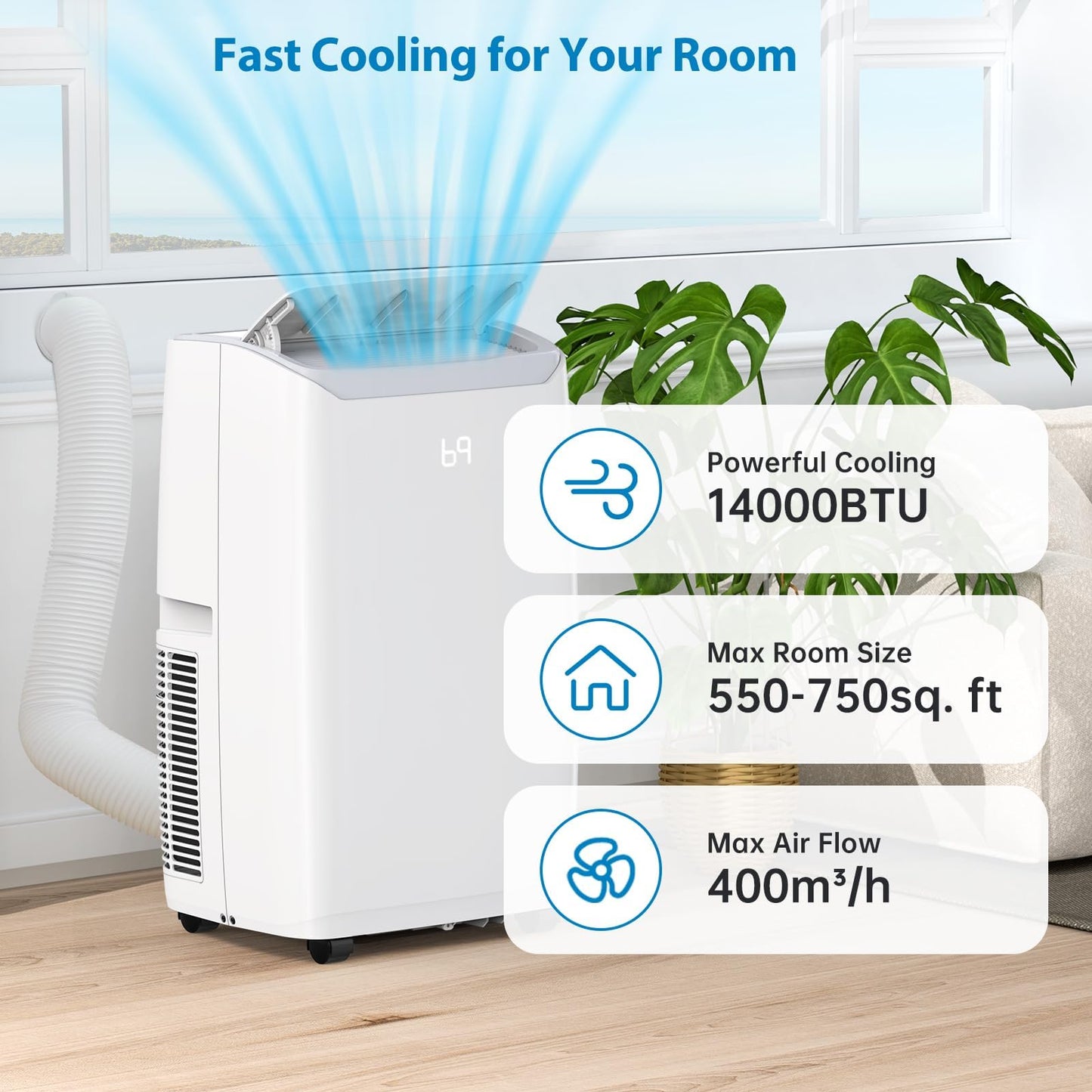 14000 BTU Portable Air Conditioner with White Body, Cooling, Dehumidifying & Fan Features, Quiet Operation for Large Rooms, 24-Hour Timer, Easy Setup & Energy Efficient