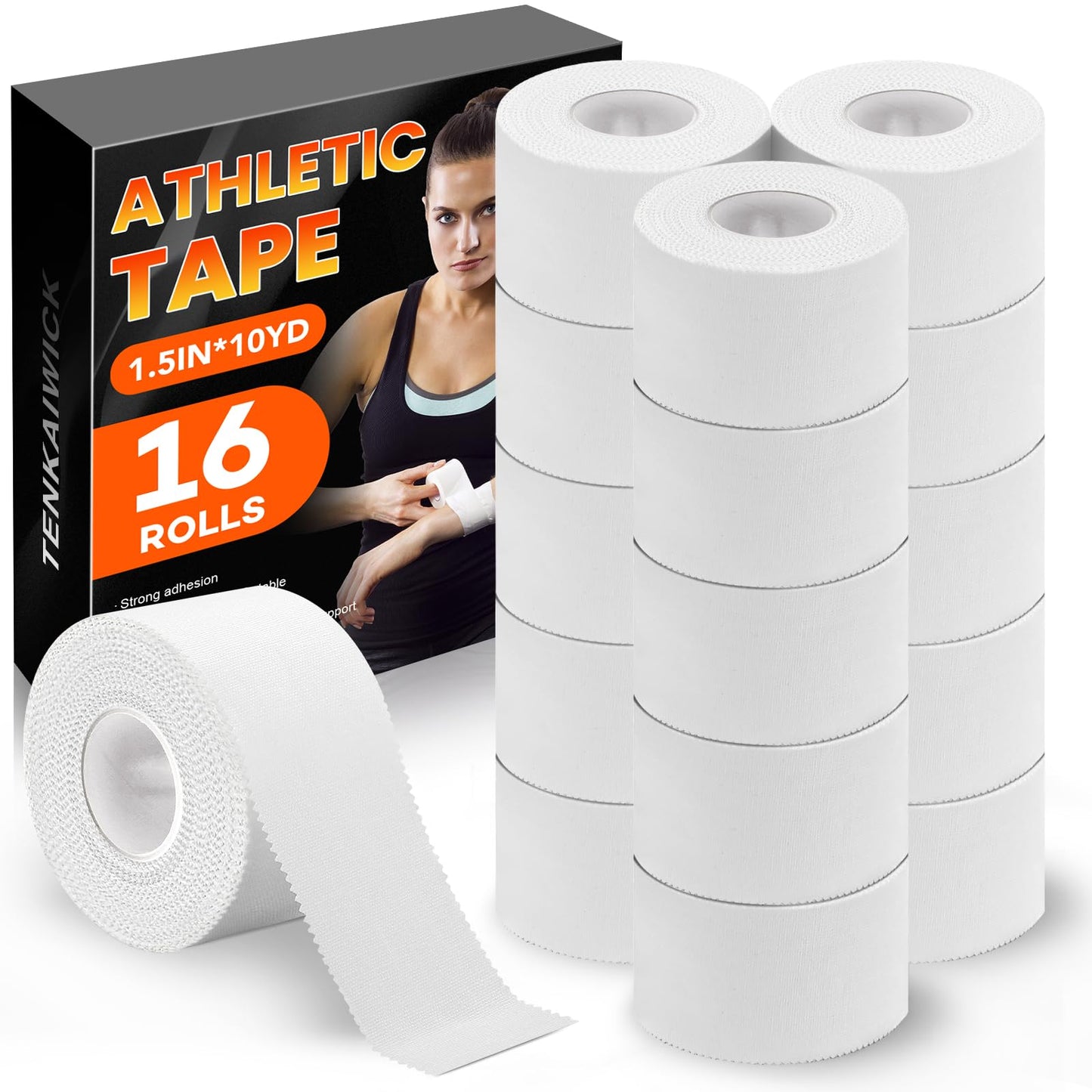 16 Pack Athletic Tape, White Sports Tape for Wrist Ankle Protection, Sports Tape Athletic No Sticky Residue, Easy to Tear Gymnastics Tape for Soccer, Football, Training Supplies (1.5" x 160 Yards)