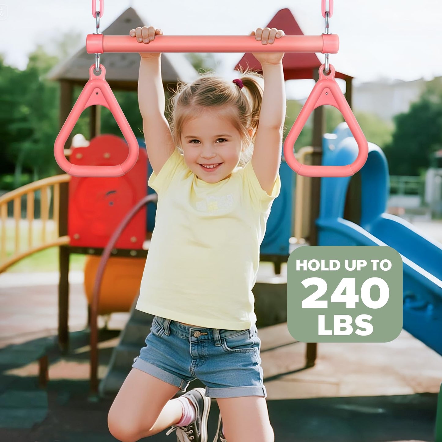 LadyRosian 17" Trapeze Bar Swing Set Gym Rings 47" Heavy Duty Chain Swing Set Accessories with Locking Carabiners Plastic Coated Chains Monkey Bars for Backyard, Playroom (Pink)